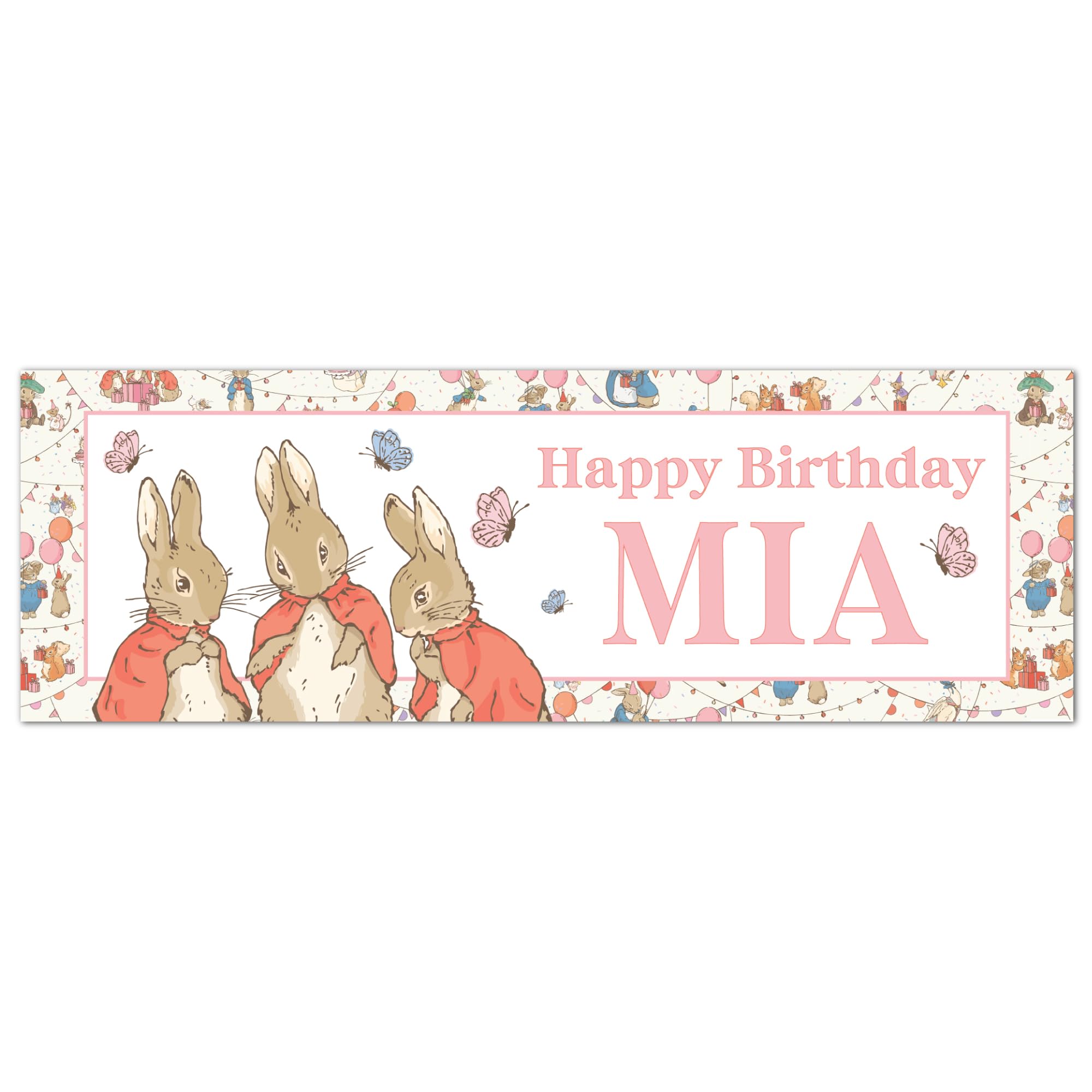 Peter Rabbit Birthday - Flopsy Mopsy and Cottontail Personalised Name Banner Wall Sticker (180cm width x 60cm height)