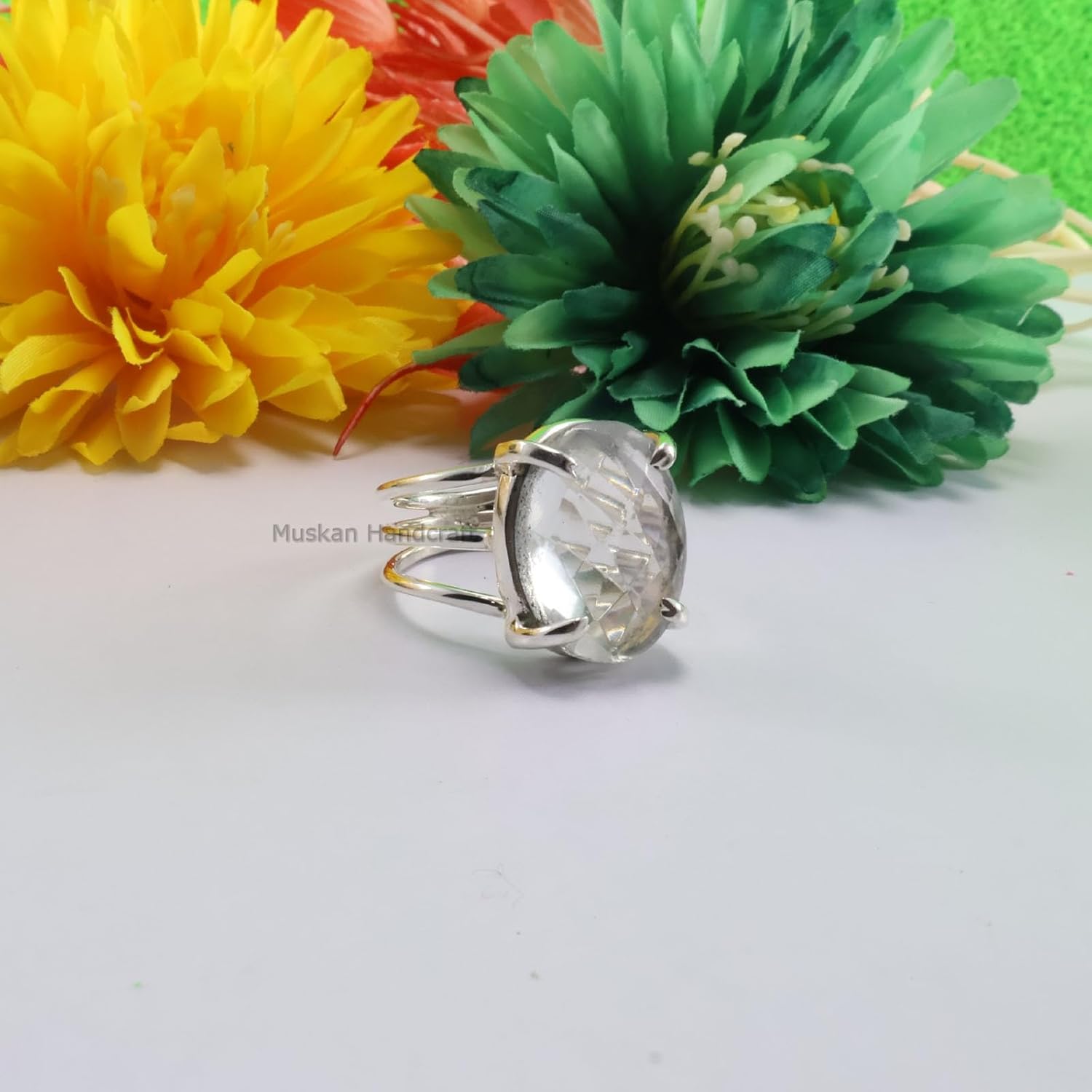 Handmade 925 Sterling Silver Ring with Clear Crystal Quartz Oval Gemstone Delicate Statement Ideal Jewelry Gift for Men Women, Christmas Gifts Ring