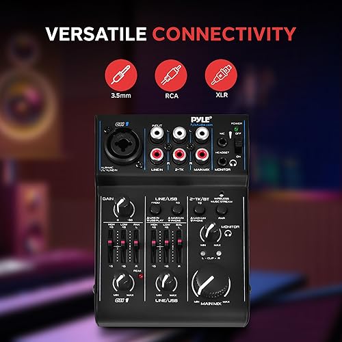 Miniatura 4 de Pyle Mezclador de audio Bluetooth de 3 canales - Controlador de sonido DJ e interfaz de tarjeta de sonido USB para grabación de PC, entrada XLR y