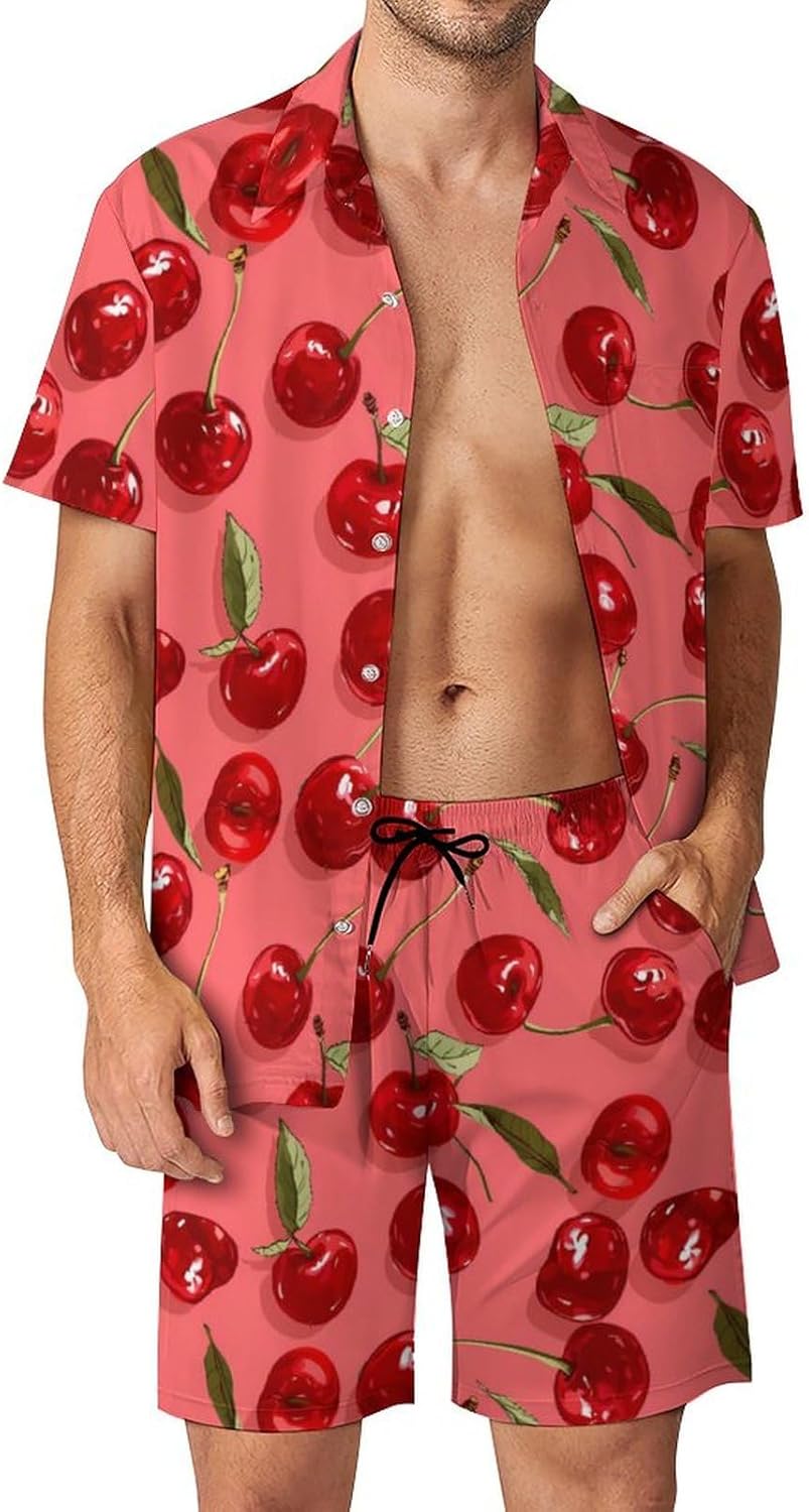 Red Fresh Cherries Fruit Men's Summer Beach Outfits Shirt And Shorts Set 2 Piece Vacation Swimwear