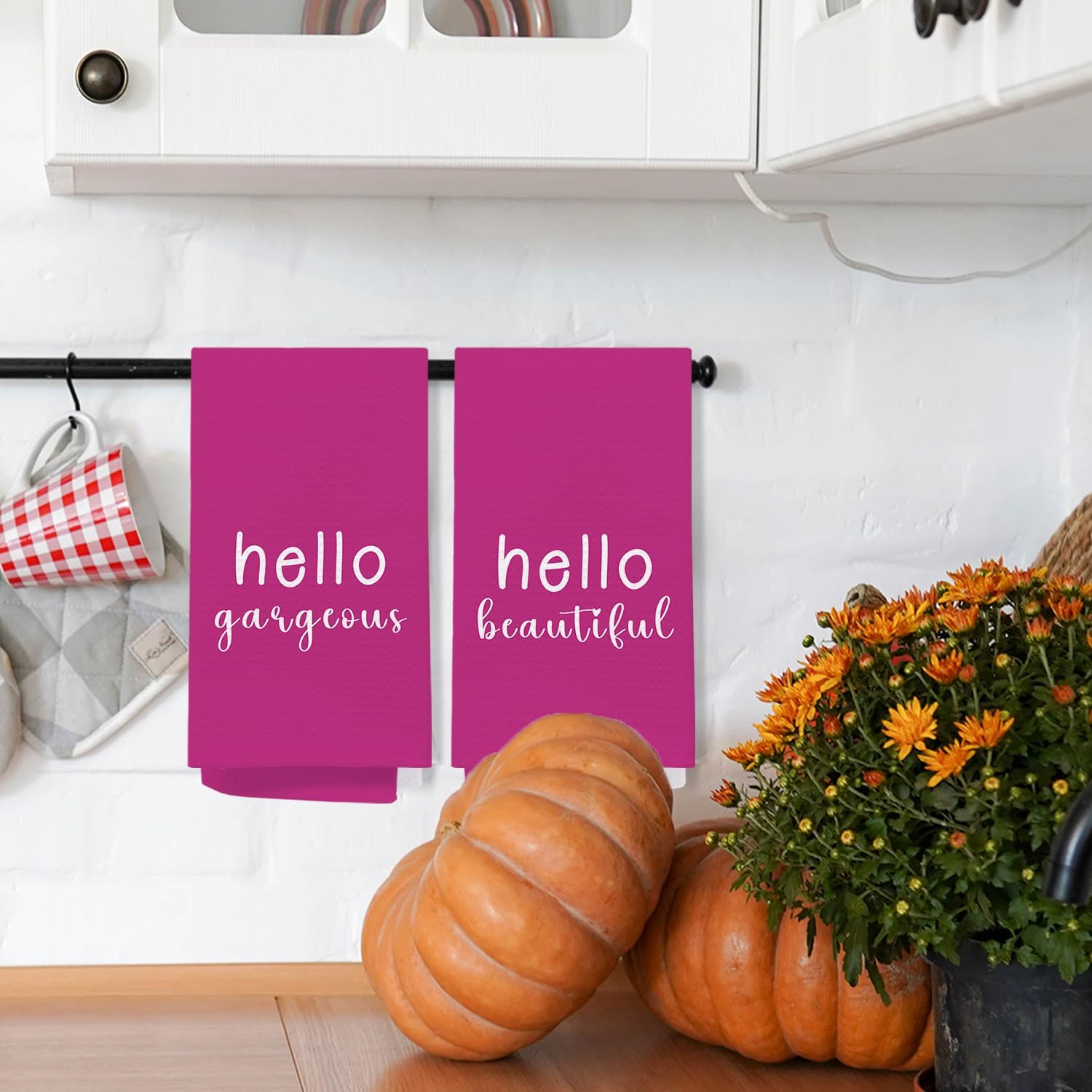 SPBL&L Hot Pink Hand Towels,Pink Kitchen Set of 2 Towels,Hello Gorgeous Hand Towels,Hello Gorgeous Kitchen Set,Makeup Decor,16x24 Inch - Image 3