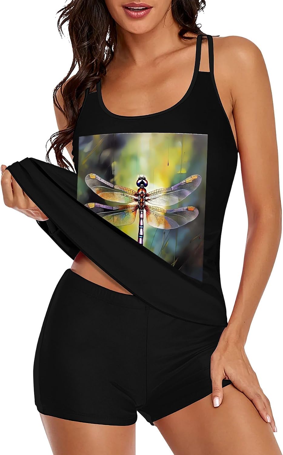 Dragonfly Painting Tankini Swimsuits for Women Tummy Control Two Piece Bathing Suits Swim Tops with Boy Shorts