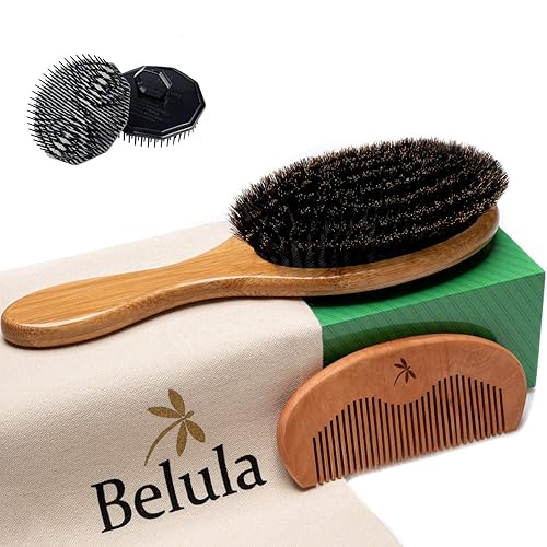 Miniatura 5 de Belula Juego de cepillos para el pelo de cerdas de jabalí 100% para él y ella. Cerdas naturales suaves gruesas, cabello largo o rizado, cabello