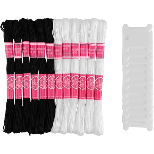ZHAOER Embroidery Thread - Cross Stitch Threads - Friendship Bracelet String - 12 Skeins Embroidery Floss with 12 Pieces Floss Bobbins (Black and White)