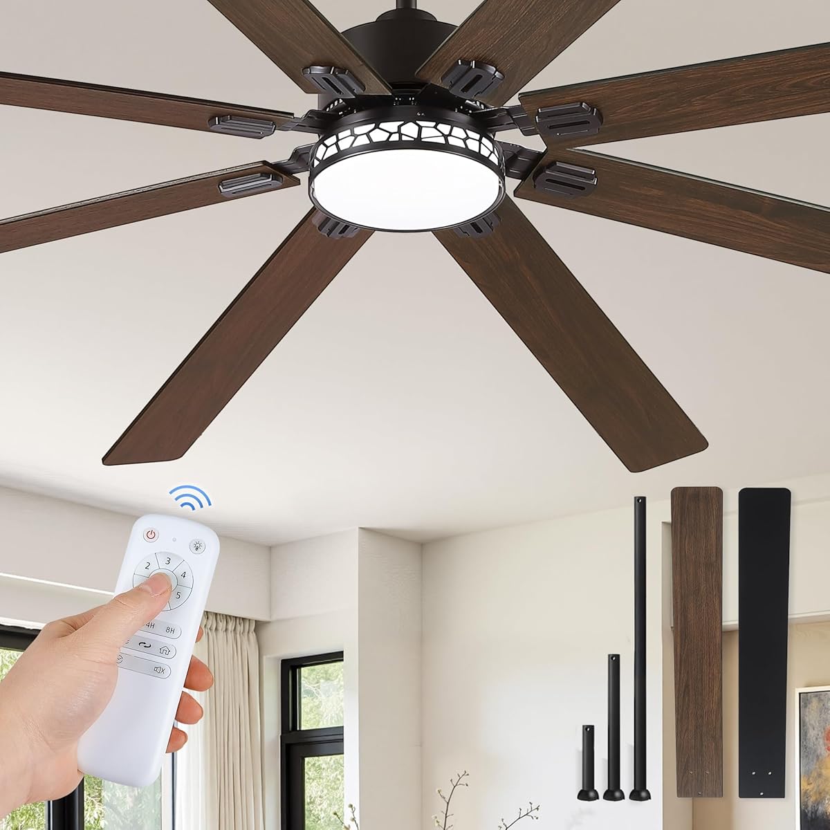 Fanbulous Modern Farmhouse 84 Inch Large Ceiling Fan, 6-Speed Reversible DC Industrial Ceiling Fans with Lights for Shop/Living Room/Covered Outdoor-Black