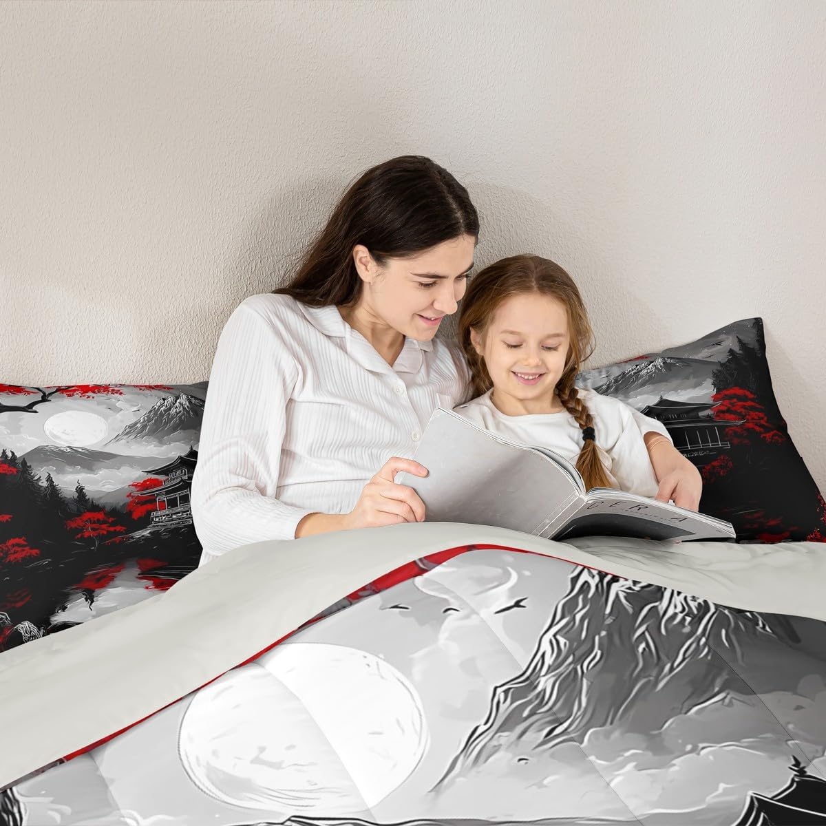 Feelyou Oriental Ink Painting Comforter Set All Season Ancient Architecture Bedding Set with 2 Pillow Cases Maple Microfiber Kids Full Bedclothes Bedroom Decor Duvet Quilt Breathable Soft Lightweight