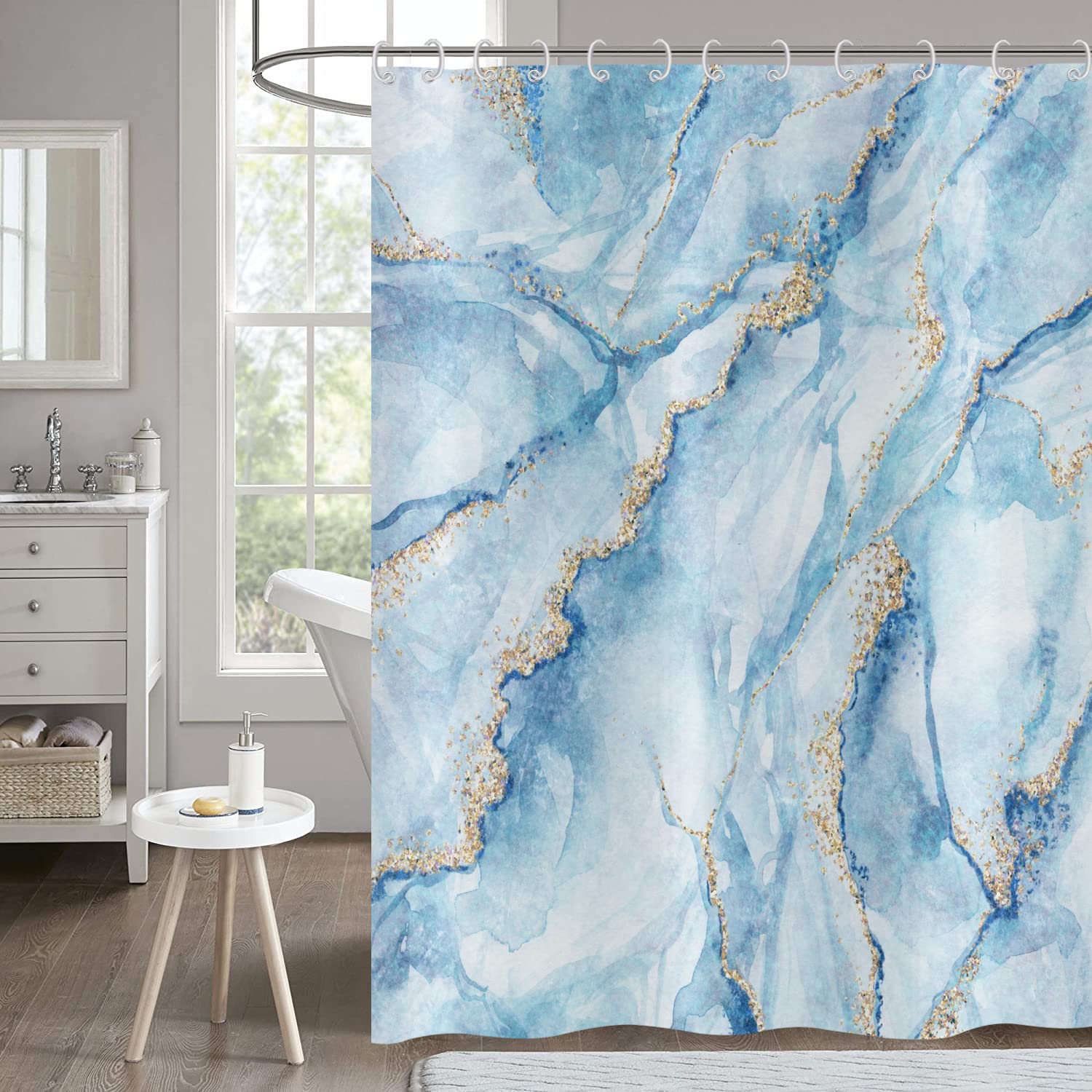 Hnmdmyi Blue Marble Shower Curtain 150x180, White Watercolor Golden Cracked Lines Texture Bathroom Curtains Abstract Modern Luxury Art Waterproof Polyester Fabric Washable Bath Curtains with Hooks — image 1