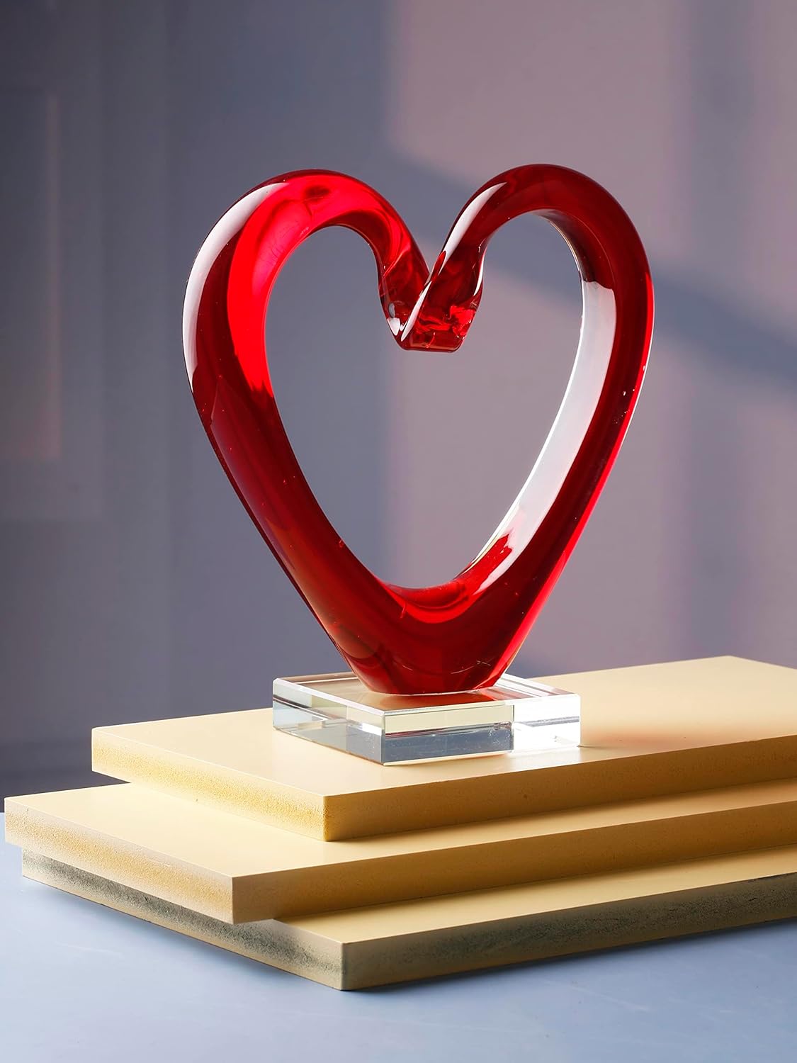 Yao Yuan 7.49'' Tall Hand Blown Art Glass Red Heart Sculpture, Glass Heart Figurines Party Home Decoration,Art Sculpture Collection for Valentine's Day Gift (Red)