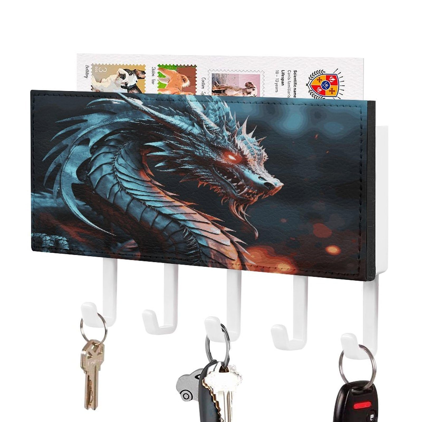 JTREHY Dragon Key Holder Wall Mount Decorative Key and Mail Holder PU Leather Adhesive Key Organizer Hanging Key Hooks Wall Shelf with 5 Hooks for Entryway Hallway Office