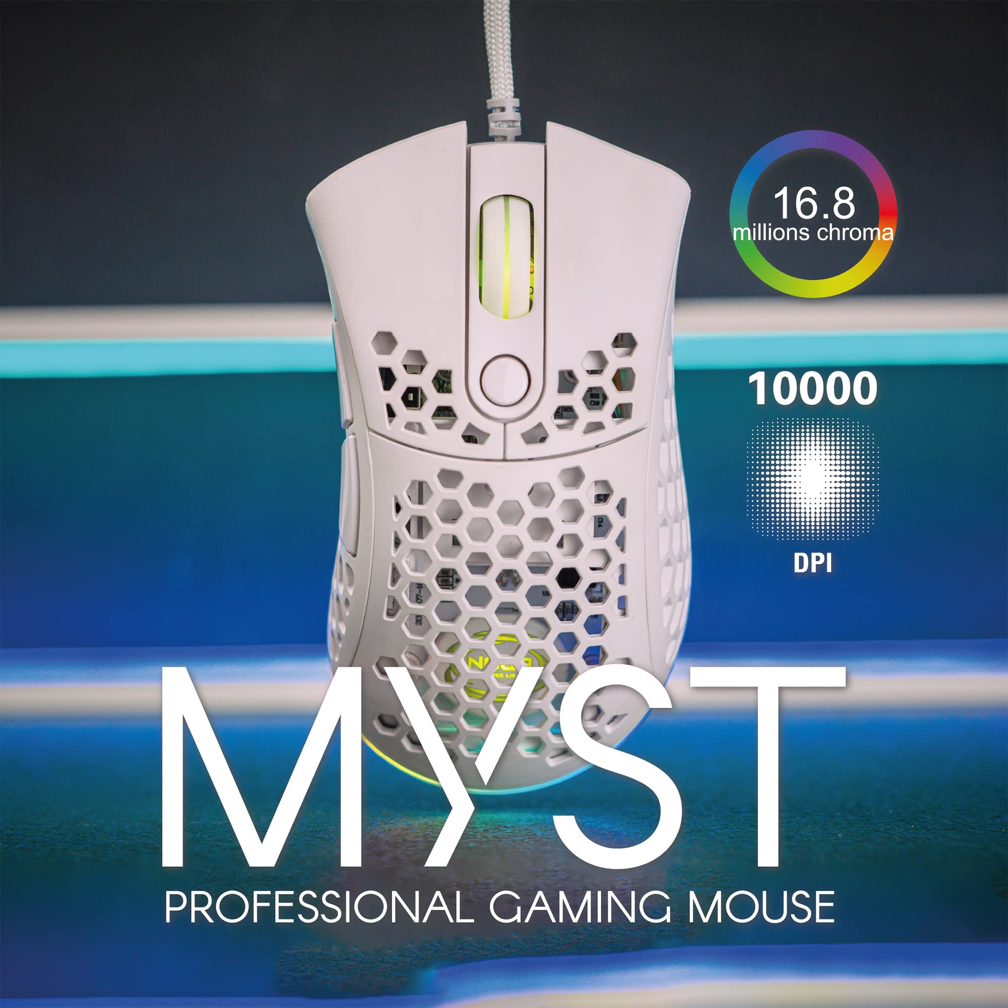 Noua Myst Souris Gaming RGB Avec Câble USB, Capteur Optique Pixart 3325 Jusqu'à 10000 Ppp, 7 Boutons Programmables, Logiciel Inclus, Souris De Jeu Légère 68 G Avec Structure En Nid D'Ape, Blanc