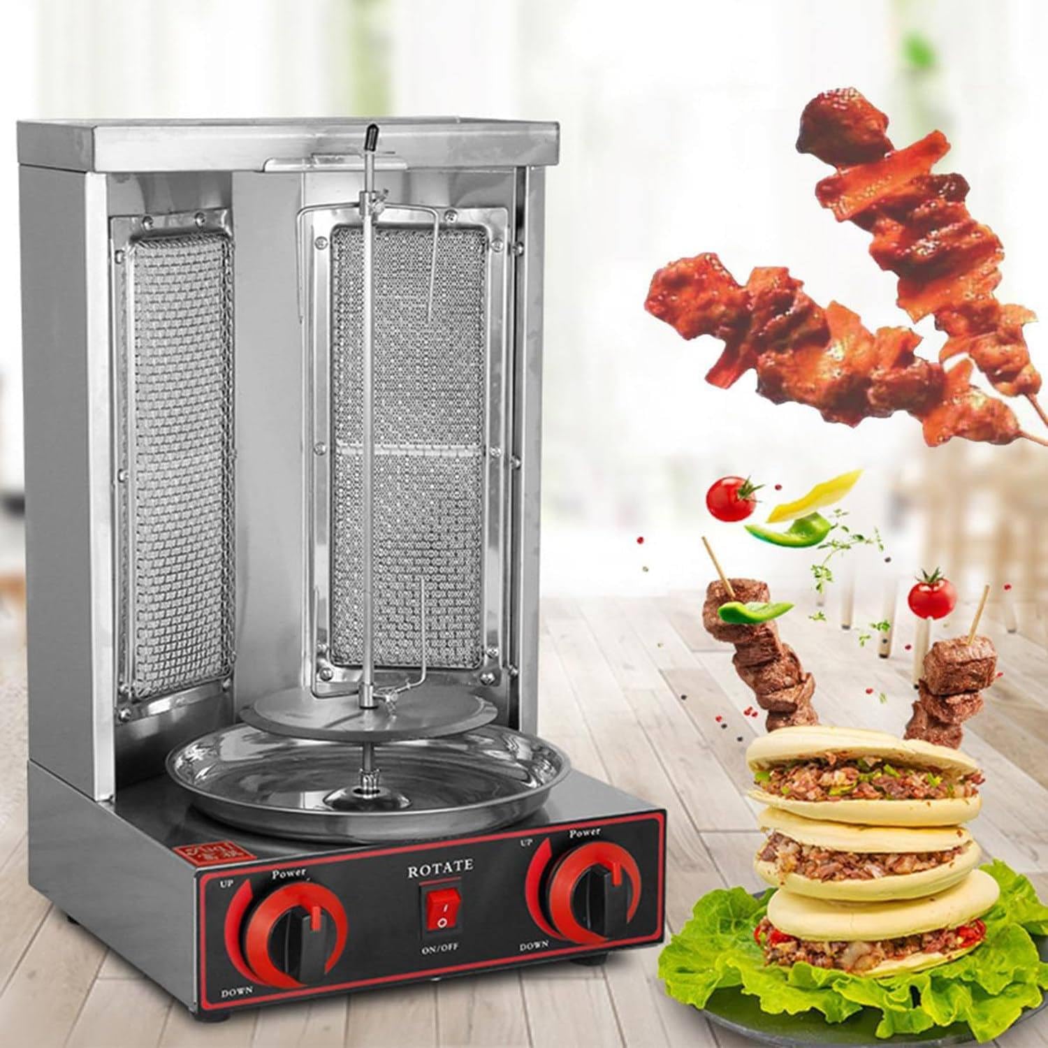Parrilla Vertical Para Asar Kebab, Asadores De Gas De Acero Inoxidable, Horno Asador Para El Hogar, Máquina De Kebab Doner a La Parrilla Con Interruptor De Ajuste De Temperatura, 50-300 ℃,Silver-M