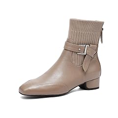 TinaCus Genuine Leather Knitting Zip up Ankle Boots Womens Square Toe Handmade Buckle Low Chunky Heels Booties