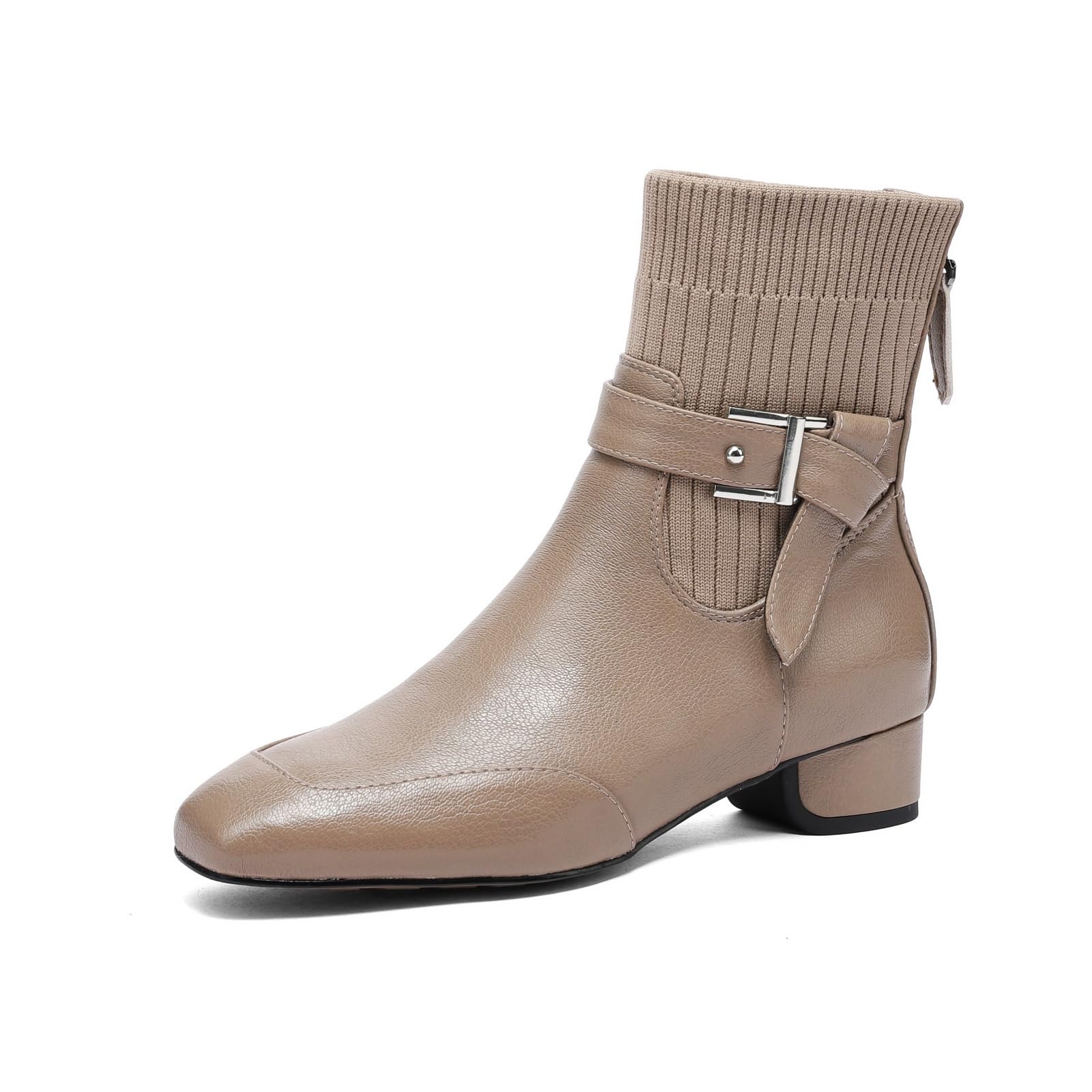 TinaCus Genuine Leather Knitting Zip up Ankle Boots Womens Square Toe Handmade Buckle Low Chunky Heels Booties