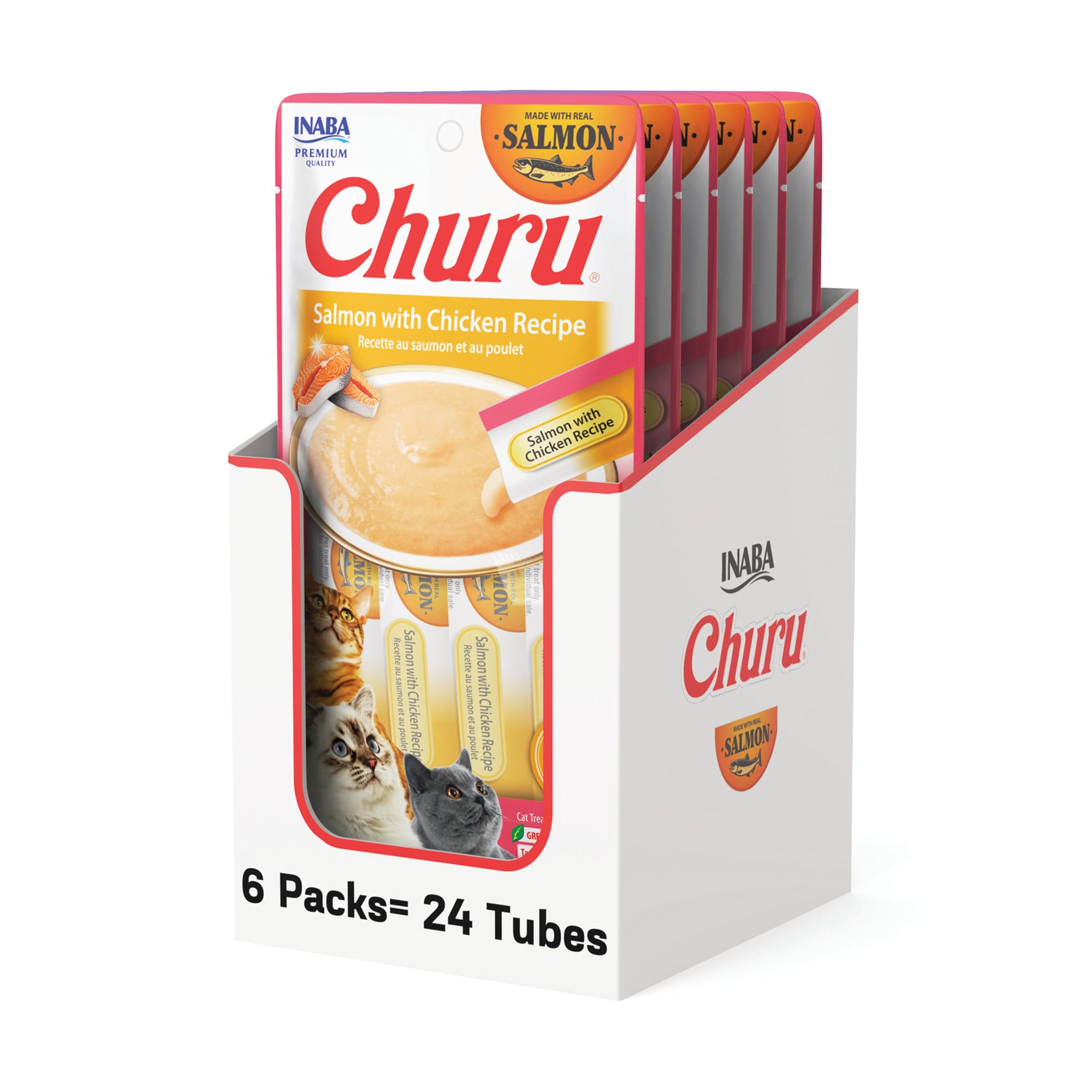 INABA Salmon Churu Cat Treats, Lickable, Squeezable Creamy Purée Cat Treat with Green Tea Extract &amp; Taurine, 0.5 Ounces Each Tube, 24 Tubes (4 per Pack), Salmon with Chicken Recipe