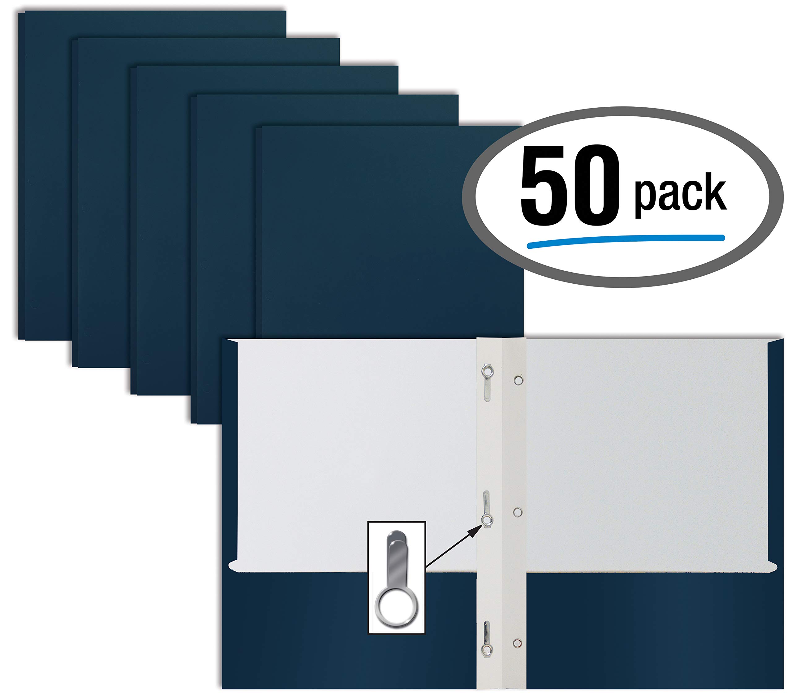 Better Office Products Navy Blue Paper 2 Pocket Folders with Prongs, 50 Pack, Matte Texture, Letter Size Paper Folders, 50 Pack, with 3 Metal Prong Fastener Clips, Dark Blue
