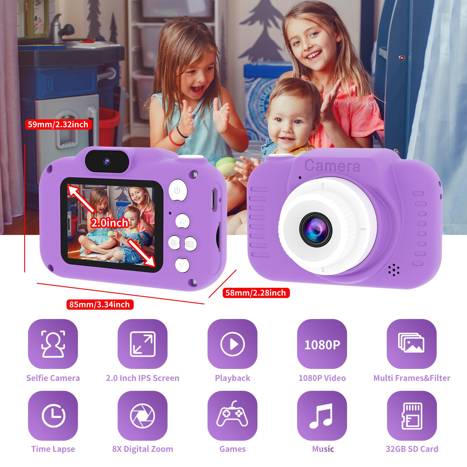GlobalCrown Macchina Fotografica Bambini,Mini Ricaricabile Fotocamera Digitale Giocattoli per bambini Videocamera Regali per Ragazze Ragazzi da 3-8 Anni,12MP Video HD Schermo (Scheda 32 GB inclusa)