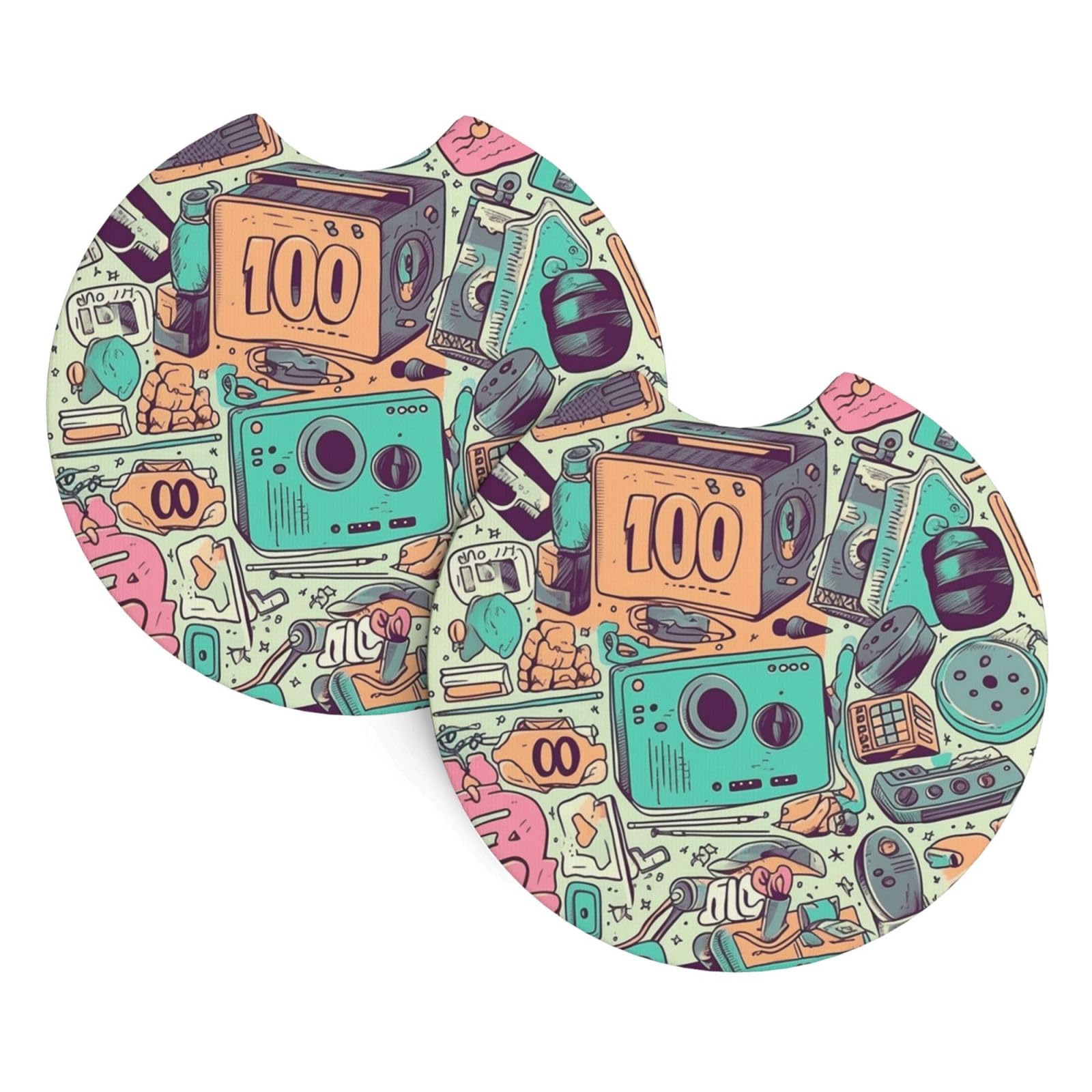 2PCS Car Coaster for Cup Holders Universal Auto Cup Mat I Love The 90s Illustration Cup Coaster Pad 2.7" Waterproof Neoprene Non-Slip Cup Holder Coasters Car Interior Accessories for Women Men
