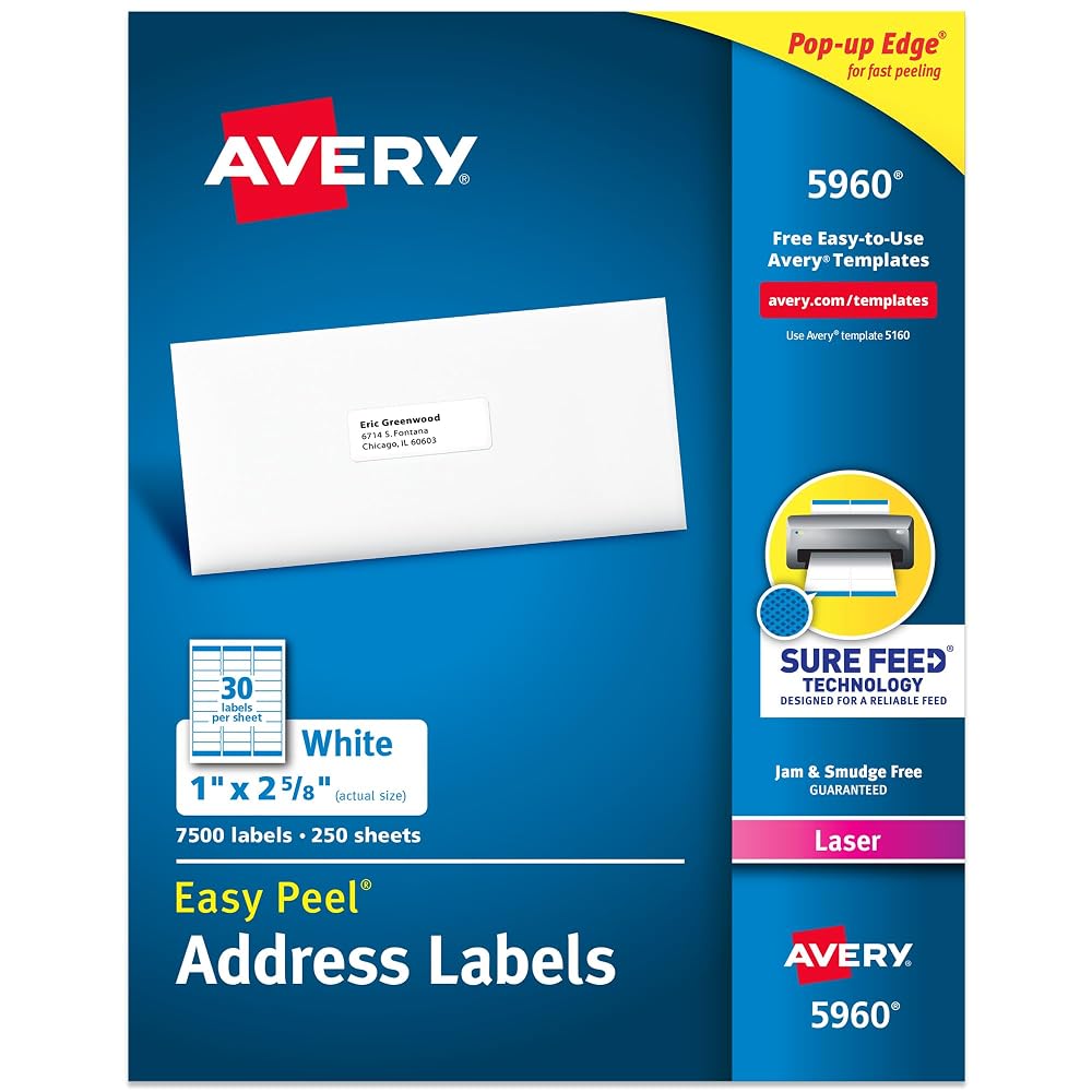 Avery Easy Peel Printable Address Labels with Sure Feed, 1" x 2-5/8" Customizable Stickers, White, 7,500 Blank Mailing Labels, Great for Mailing, Shipping, and More (5960)