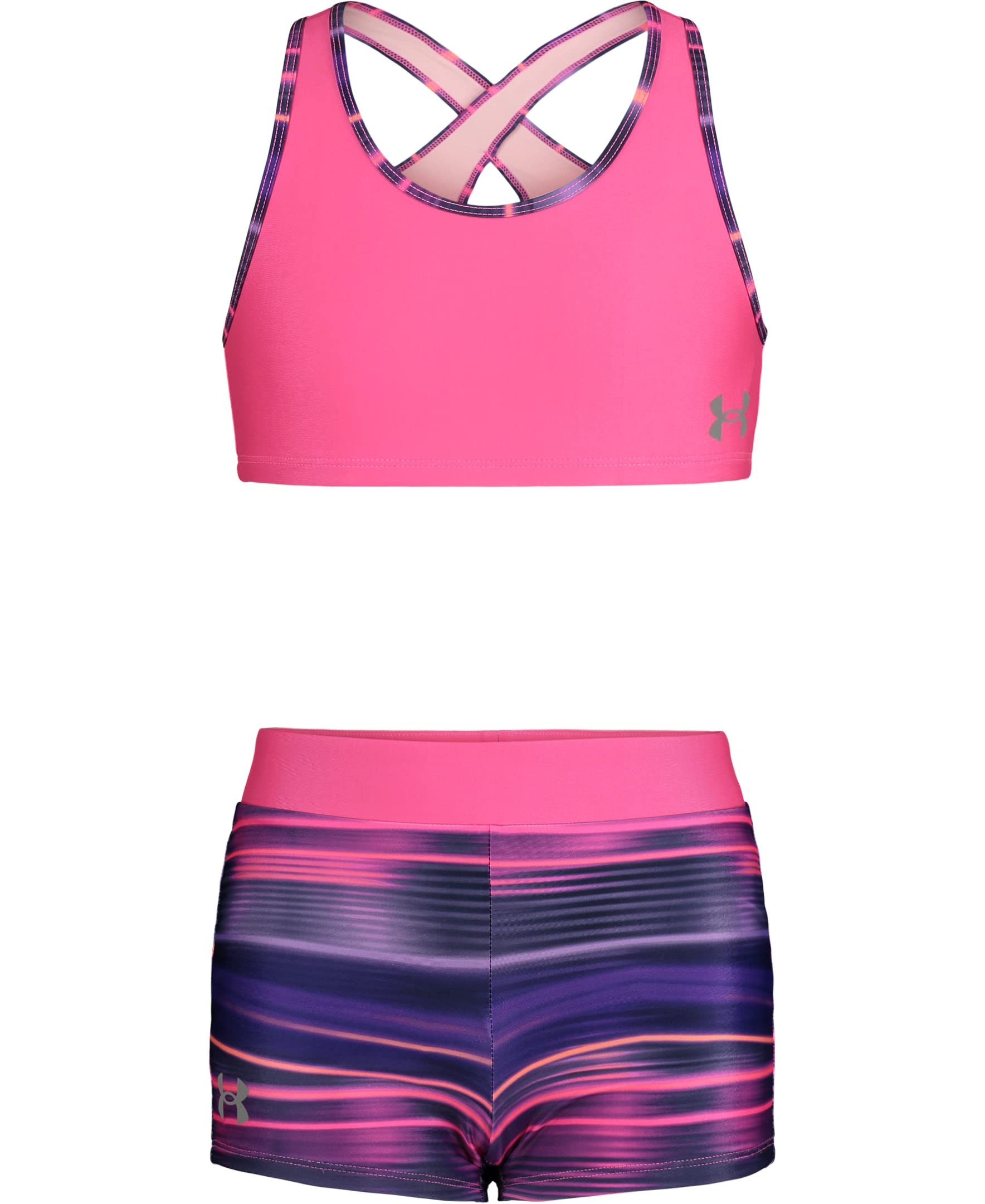 Under Armour Girls' Bikini and Shorts Swim Set Electro Pink Stripe SIZE