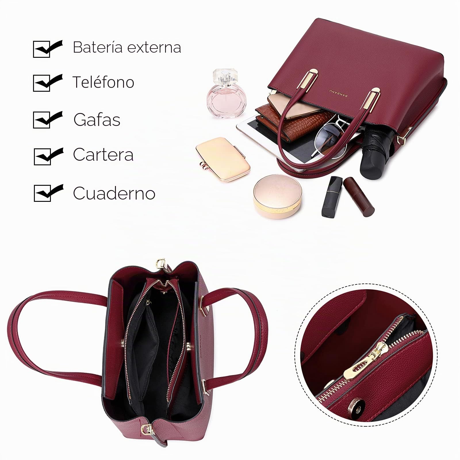 FANDARE Elegante Bolso de Mano Bolsos Cabas Mujer Bolso Bandoleras Cuero PU Impermeable Llevados Hombro Bolso De Hombro Gran Capacidad Compras Escuela Viaje, rojo, large, Elegante