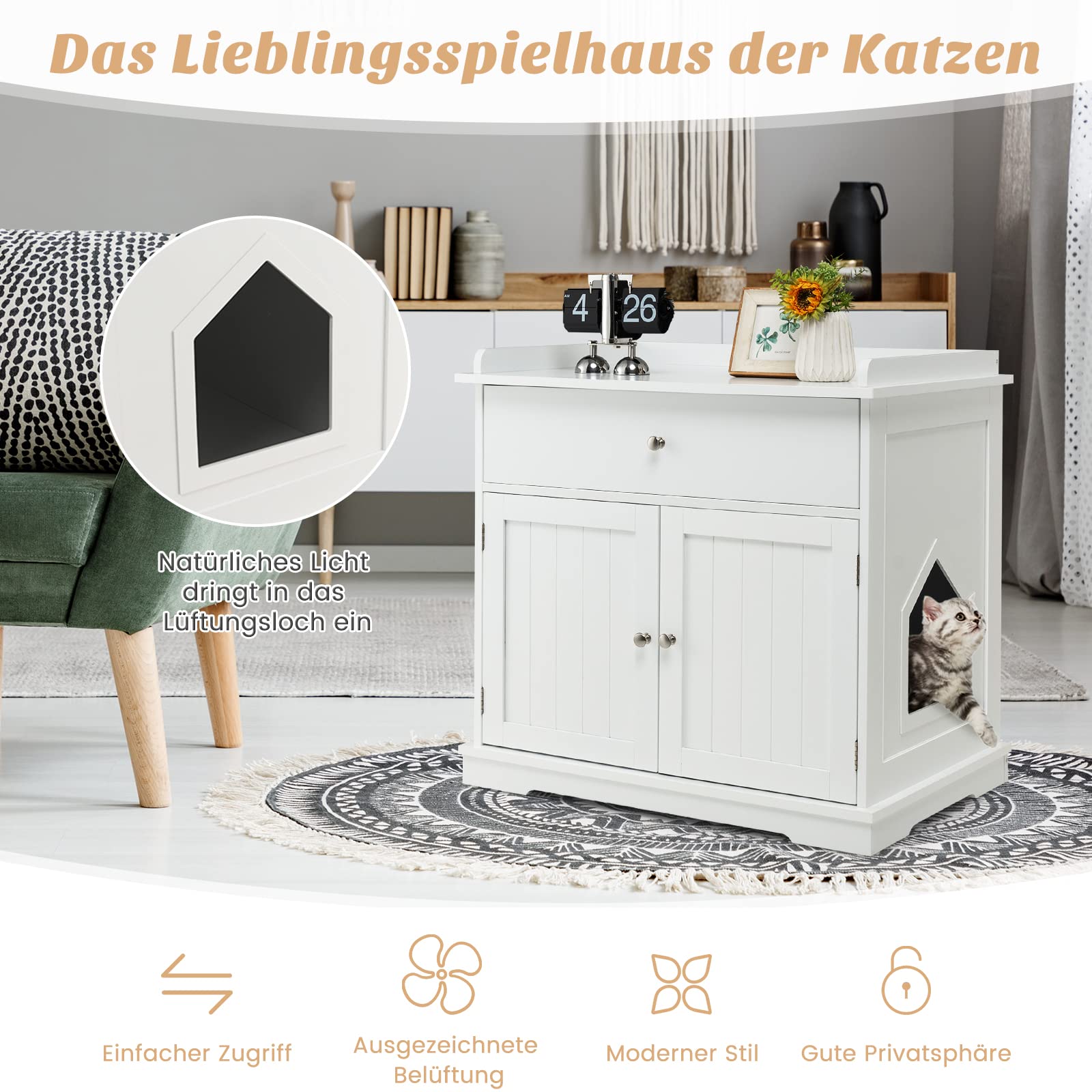 GYMAX Katzenklo Schrank, Katzenschrank für Katzentoilette, Katzenhaus versteckt mit Seiteneingang, Schublade & 2 magnetischen Türen, Katzenmöbel XL für große Katzen, 76 x 53 x 74 cm (Weiß)