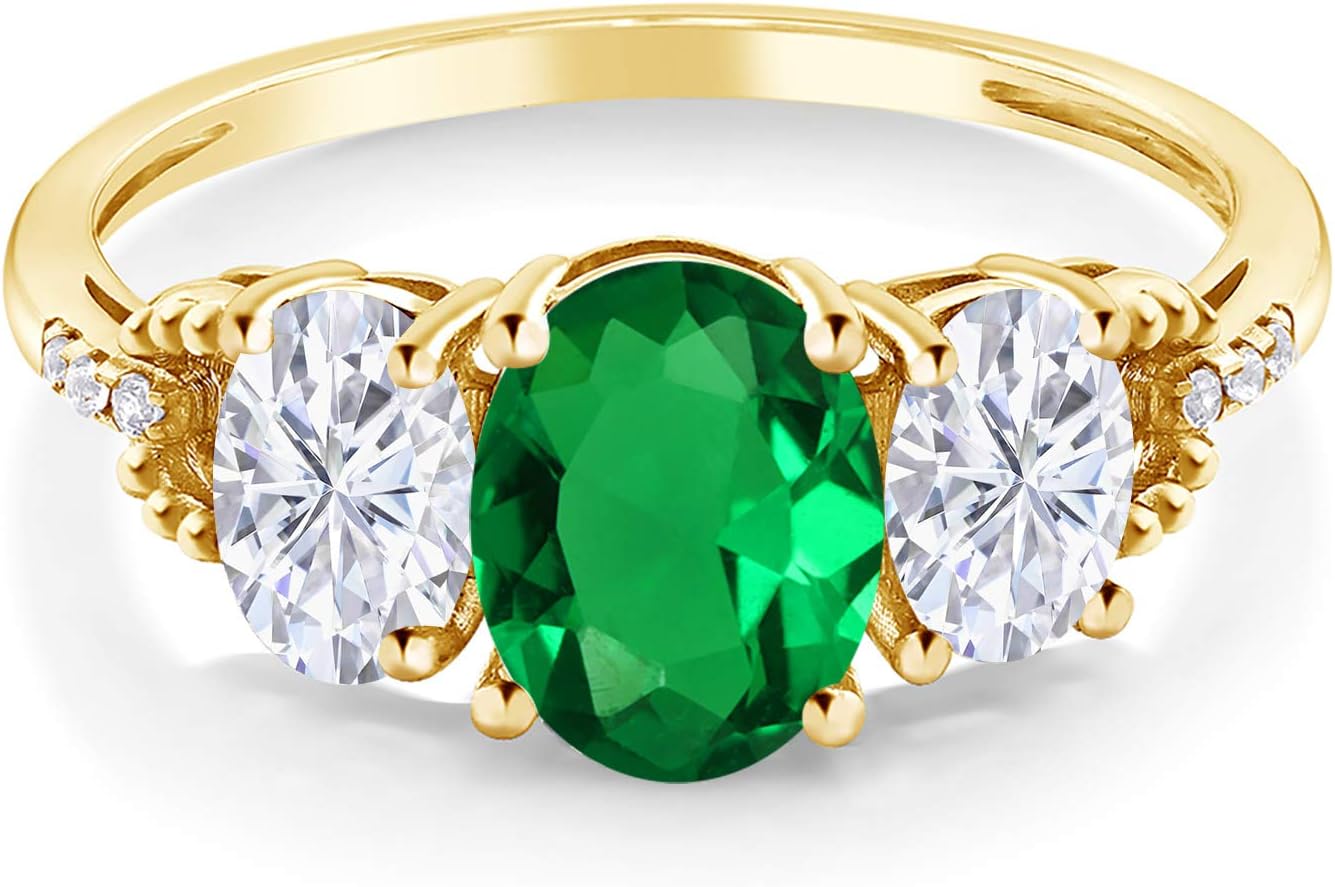 Gem Stone King 10K Yellow Gold Green Simulated Emerald White Moissanite and Diamond Accent 3-Stone Ring For Women | 1.79 Cttw | Oval 8X6MM and 6X4MM | Wedding Engagement Anniversary Ring - Image 3