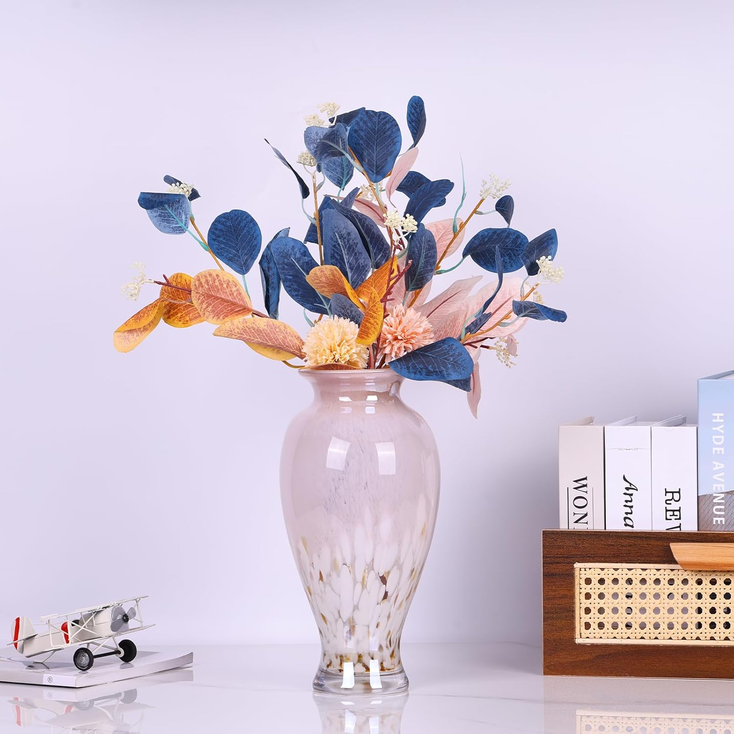 Hand Blown Glass Vase 11.8" Tall Beautiful Pink Sea Wide Mouth Bud Vase for Table Centerpiece, Painted Colorful Murano Glass Flower Vases for - Home Entrance Wedding Center - Image 4