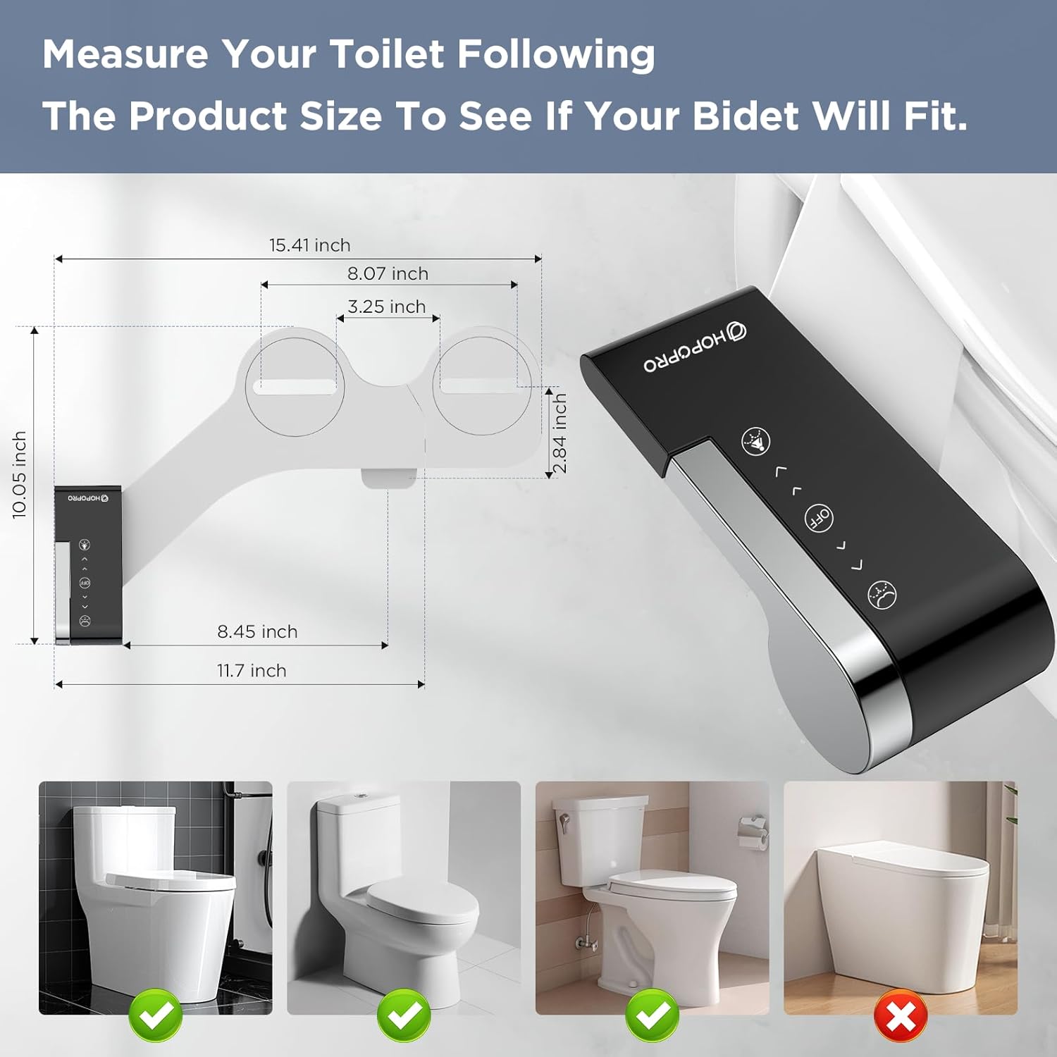 HOPOPRO Toilet Bidet Tank Replacement Cover, Bidet Ultra-Slim Dual Nozzle (Feminine/Rear Wash), Fresh Cold Water Sprayer Toilet Tank Seat for Existing Toilets with Pressure Control, Black