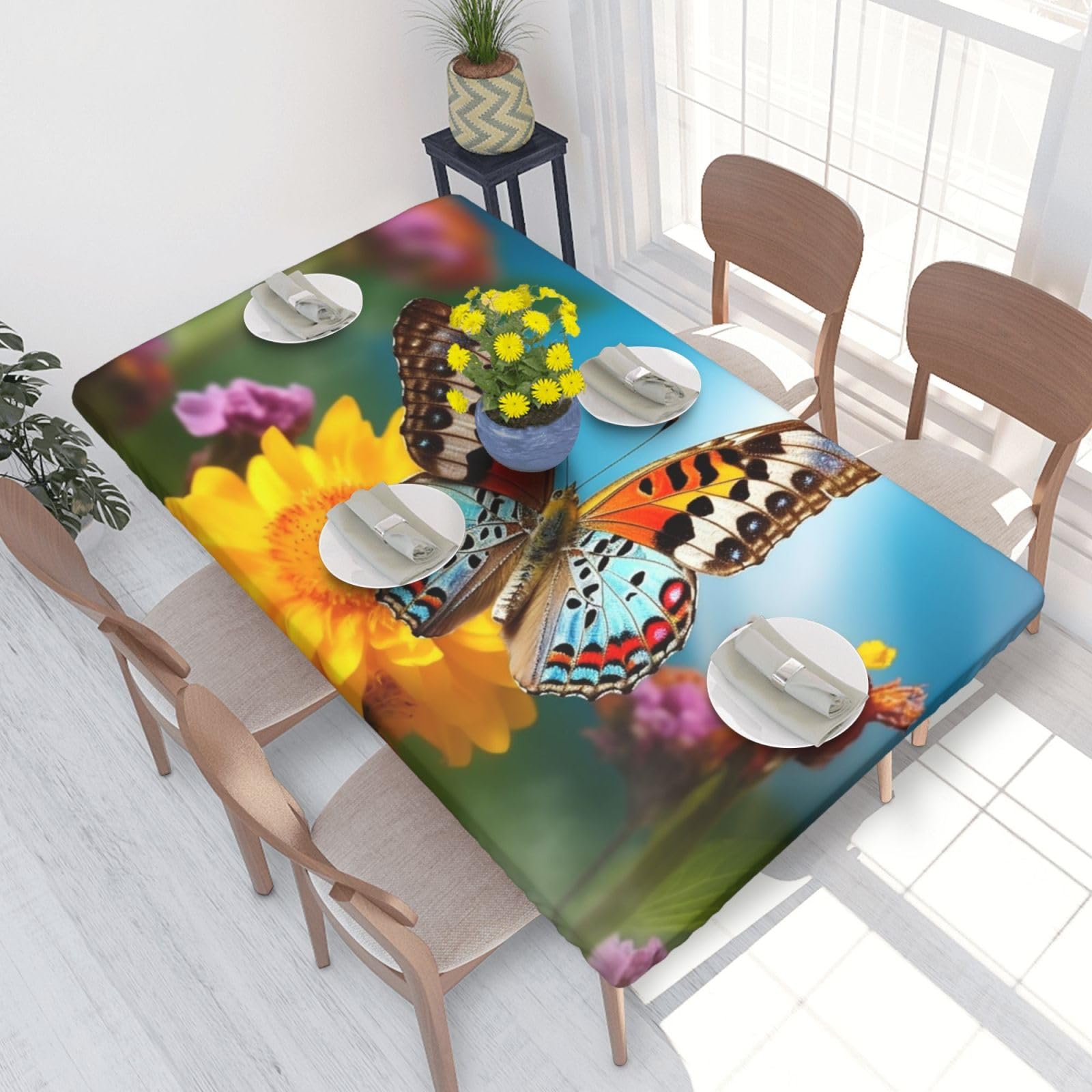 Beautiful Summer Butterfly Waterproof Square Table Cover Elastic Fitted Tablecloth Oil Proof Table Protector For 4ft Table
