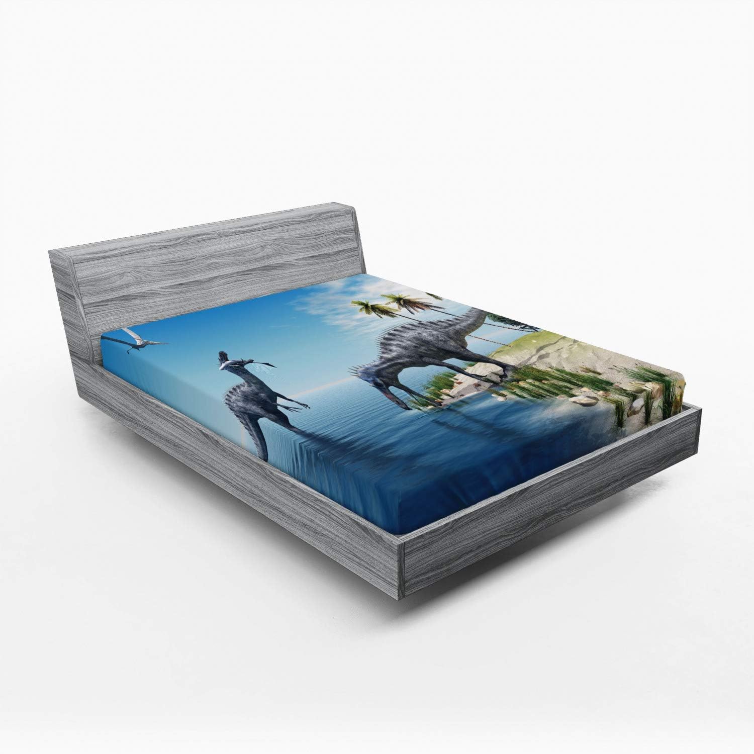 Ambesonne Jurassic Fitted Sheet, Large Fish is Caught by a Suchomimus Dinosaur Flying Pterosaur Dinosaur, Bed Cover with All-Round Elastic Deep Pocket for Comfort, Queen Size, Green Grey
