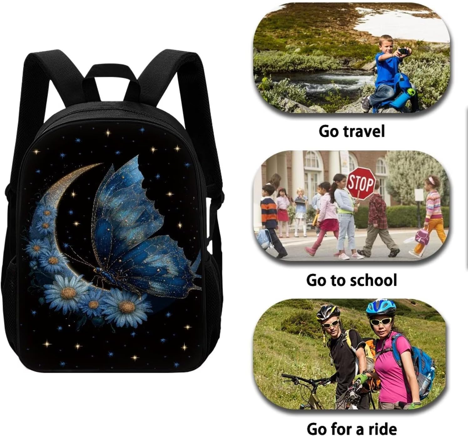 Butterfly Moon Print 3PCS Girls Backpack for School, Kids Backpack with Lunch Box Pencil Case Set for Teen Elementary Primary Middle High College School Bookbag