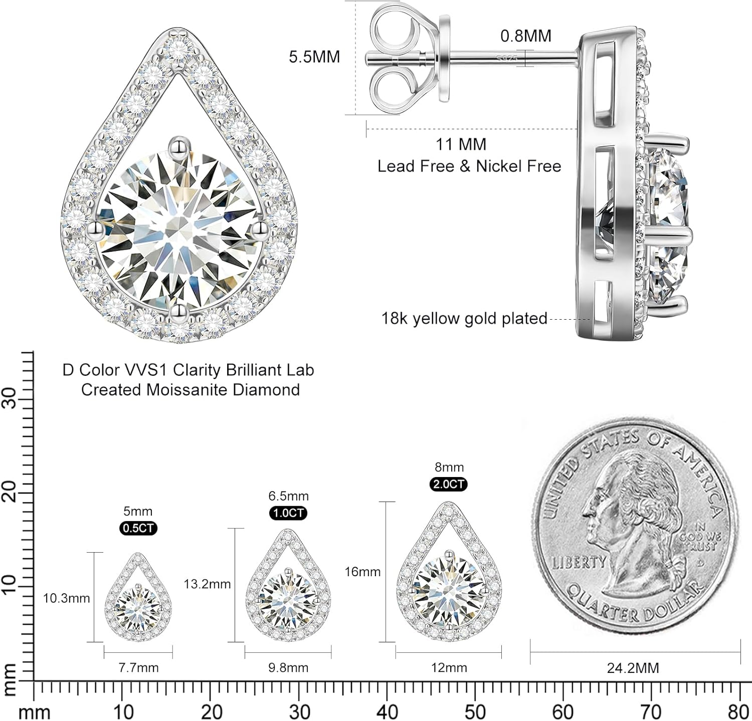 Moissanite Stud Earrings, 18K White/Yellow Gold Vermeil, 925 Sterling Silver 1.0-4.0ct D Color VVS1 Clarity, Lab Created Diamond Stud Friction Back Earring Jewelry Valentines Pendant for Women - Image 5