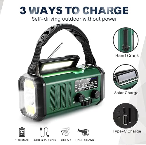 Miniatura 4 de Radio de manivela de 10000 mAh, radio de emergencia, radio solar, radio meteorológica NOAA/AM/FM, carga USB tipo C, radio de dinamo, batería de Verde