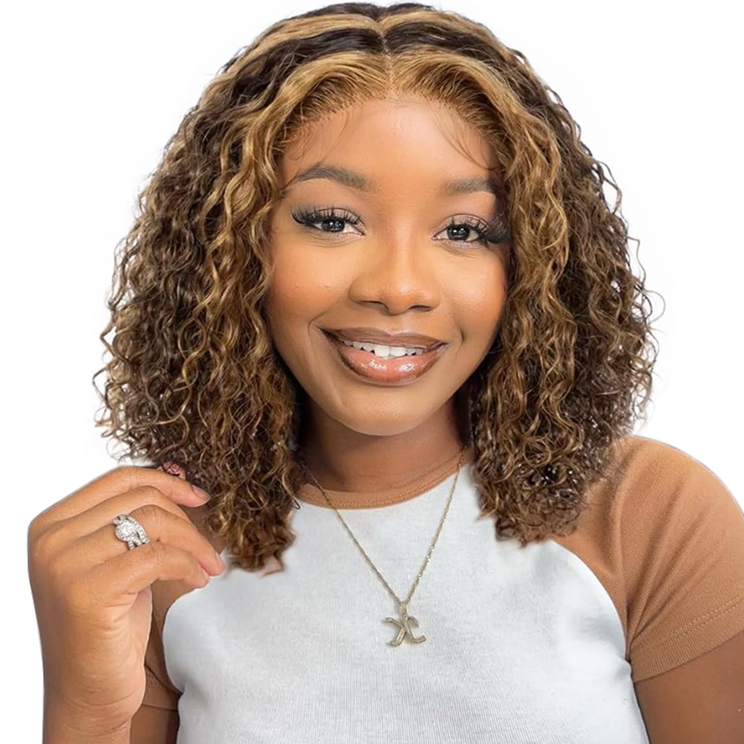 12 Inch Ombre 4/27 Highlight Wear And Go Glueless Wigs Human Hair Pre Plucked Pre Cut 4×4 Hd Closure Honey Blonde Wig Human Hair Curly Bob Wig Water Wave Wet And Wavy Lace Front Wigs For Black Women