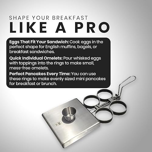 Vista 7 de Rattleware Anillos para huevos de acero inoxidable de grado comercial para freír huevos, anillos redondos de metal duraderos con mango resistente al