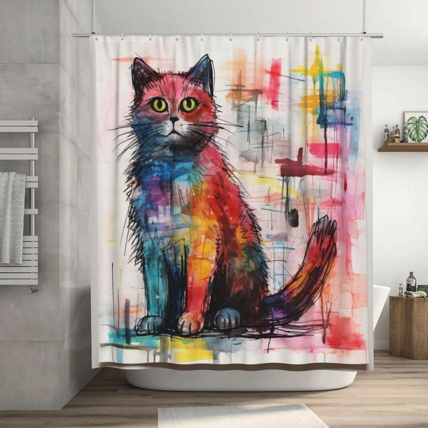 Cute Cat Shower Curtain, Colourful Children's Drawing Boho Shower Curtain Set, Crayon Drawing Abstract Farmhouse Fabric Bathroom Curtains with 12 Hooks 72x72in YLADW2938