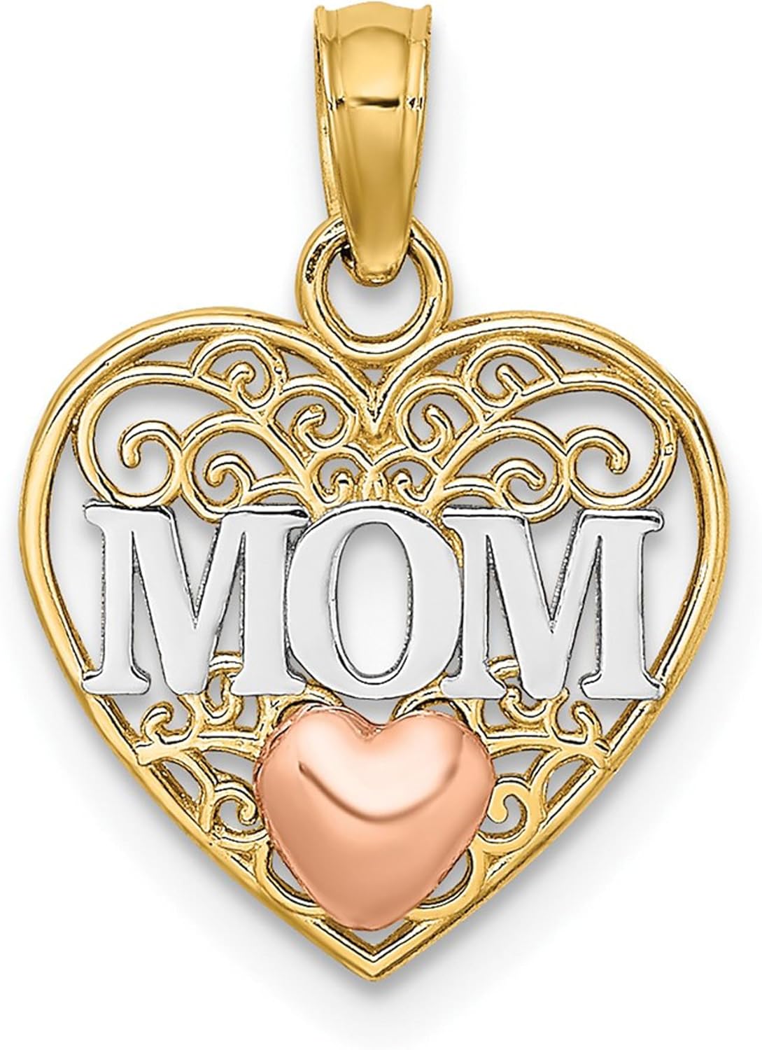 DewberryDiamonds 10k Two-tone w/White Rhodium MOM and Heart Pendant for Mother's Day (Weight : 0.93 gm, Length : 17.7 mm, Width : 13 mm)
