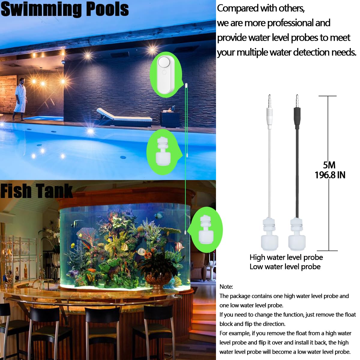 Rilevatore d'acqua wireless WiFi, allarme intelligente, 1 host con 2 cavi di rilevamento delle perdite da 5 m (3 set), oltre a 2 sonde galleggianti per il rilevamento del livello dell'acqua,