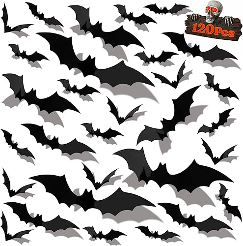 Decoración de murciélago de pared de Halloween, 120 calcomanías de murciélago de plástico falso negro para decoración de habitación de Halloween, 4