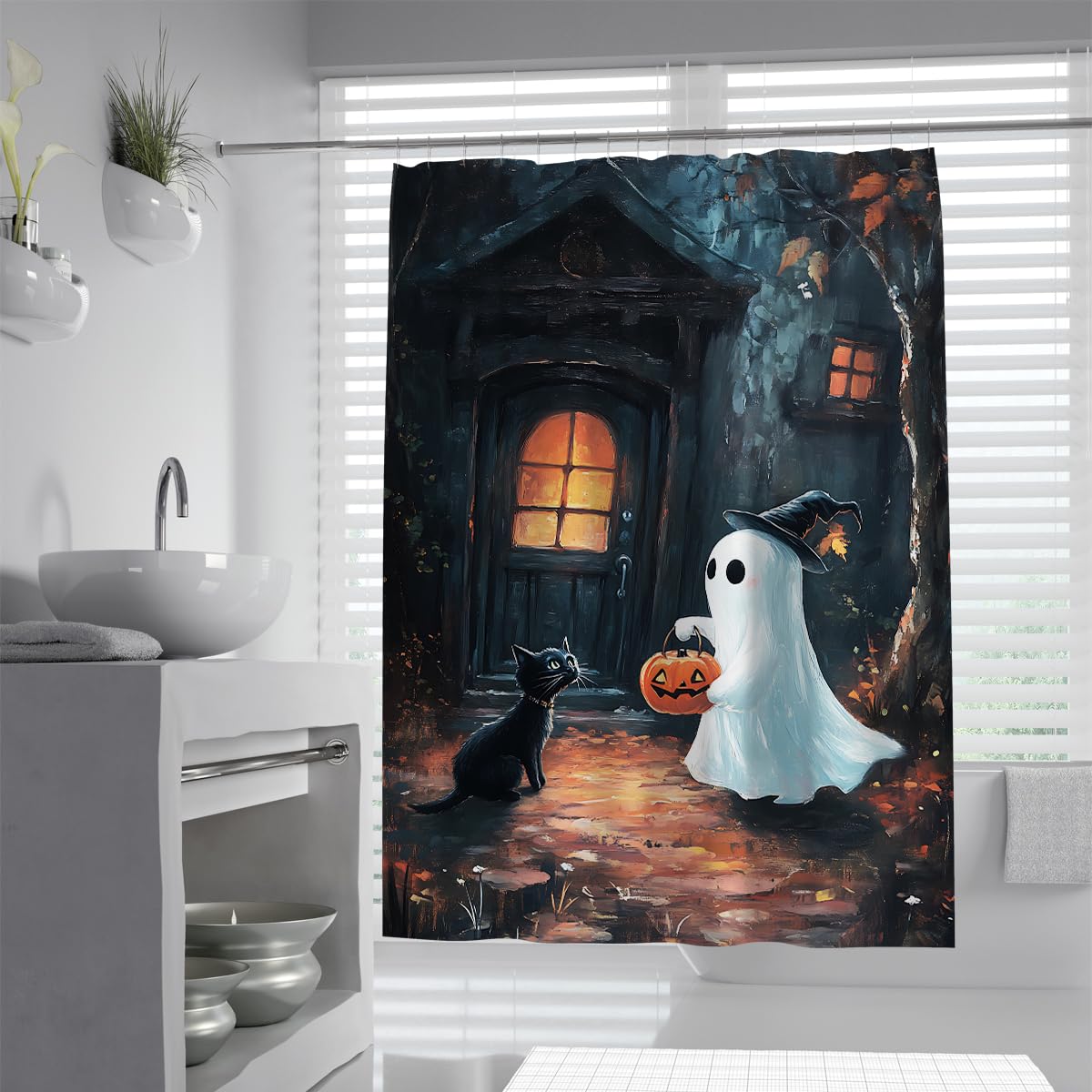 UIRINGART Cute Halloween Ghost Black Cat Bath Screen W150xL180cm Spooky House Door Witch Hat Pumpkin Lantern Quick Drying Waterproof Shower Curtains for Walk-in Shower with Hooks