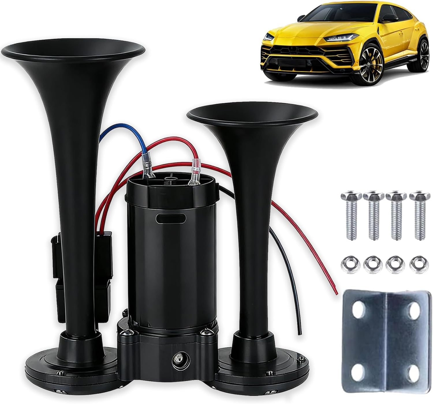 600DB Dual-Tone Metal Car Horn, Powerful Loud Air Horn for Truck with Dual Trumpets & Air Compressor, 12/24V Universal Warning Horn for Vehicle Safety, for SUV/Motorcycle/Truck/Lorries/Boat (A, 12V)