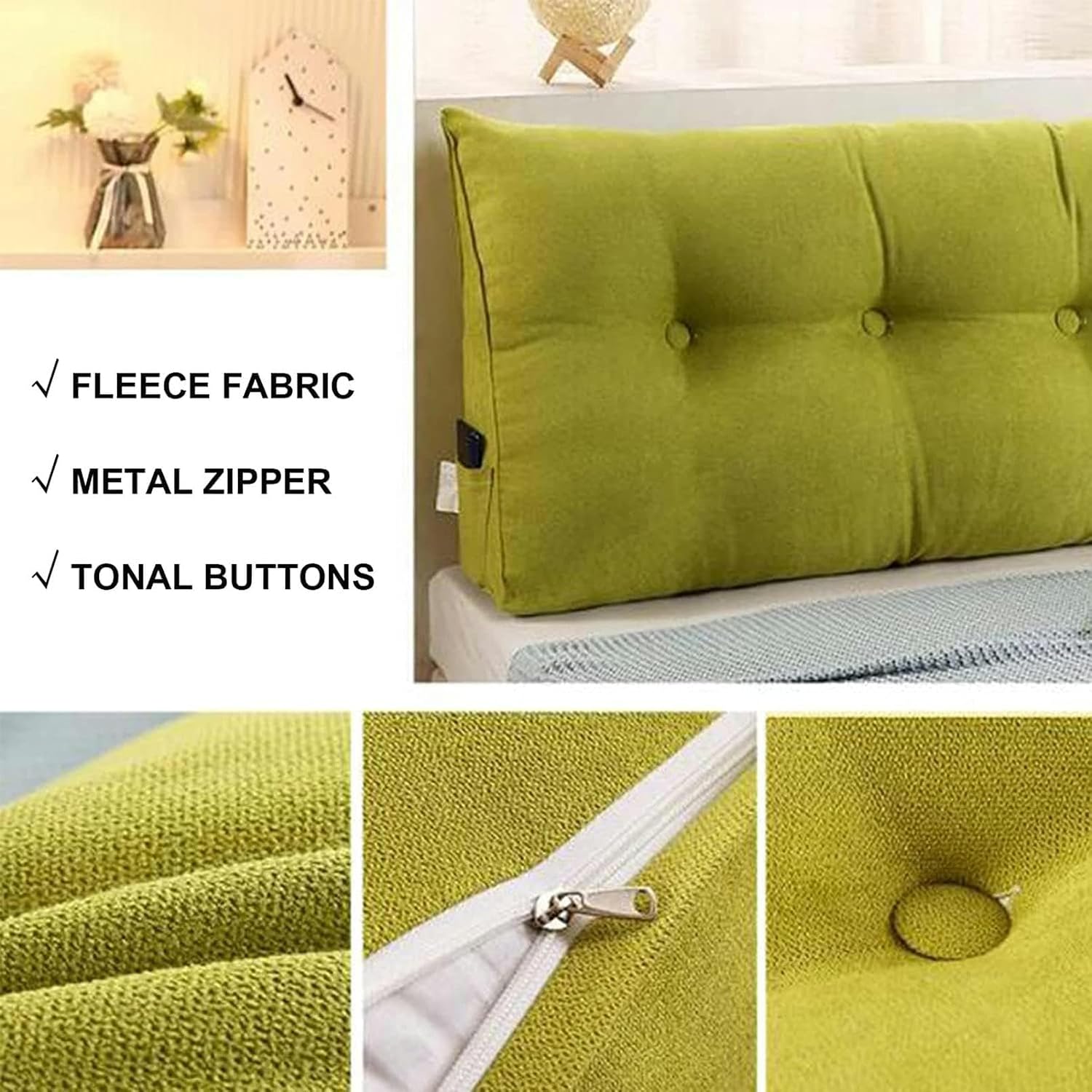 Large Triangular Reading Wedge Pillow,Bed Rest Headboard Cushion Fleece Bolster Headboard Pillow Positioning Support Backrest with Removable Cover Full Size, Green