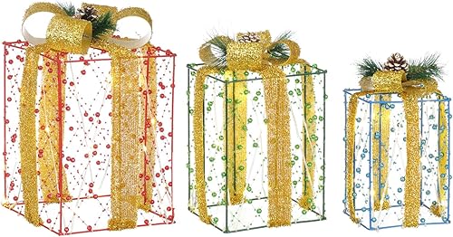 Miniatura 2 de 3 cajas de regalo iluminadas de Navidad, cajas de regalo de Navidad preiluminadas con cintas de cuentas rojas, verdes y azules, 60 luces LED blancas