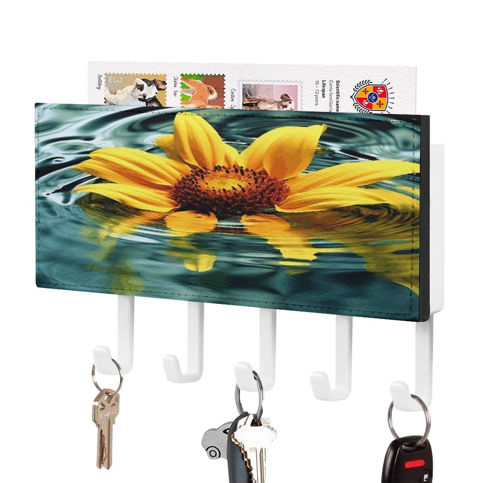JTREHY Sunflower in Water Key Holder Wall Mount Decorative Key and Mail Holder PU Leather Adhesive Key Organizer Hanging Key Hooks Wall Shelf with 5 Hooks for Entryway Hallway Office