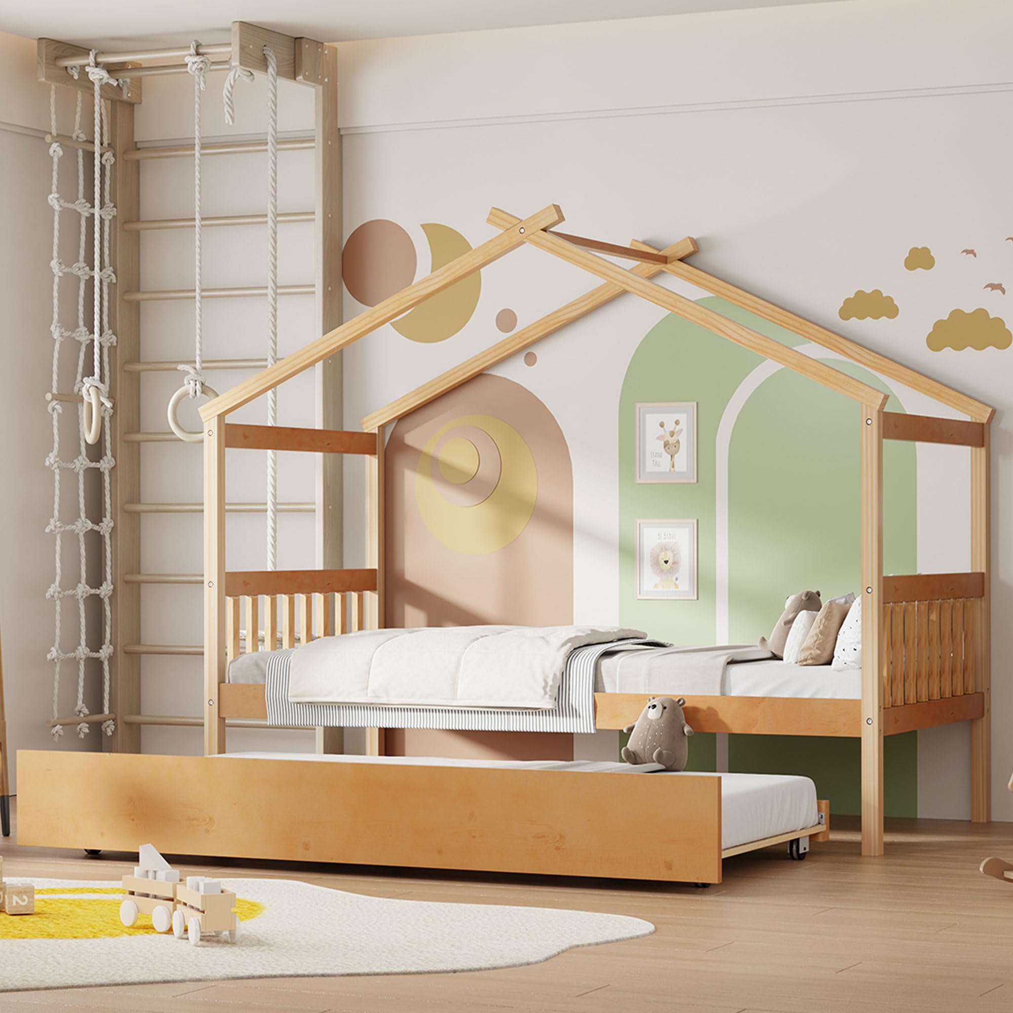 Twin Size Creativity House Bed with Roof Frame and Twin Size Trundle, Montessori Wooden Platform Bed with Sturdy Slats Support for Kids Teens Girls Boys, No Box Spring Needed (Natural-02, Twin)