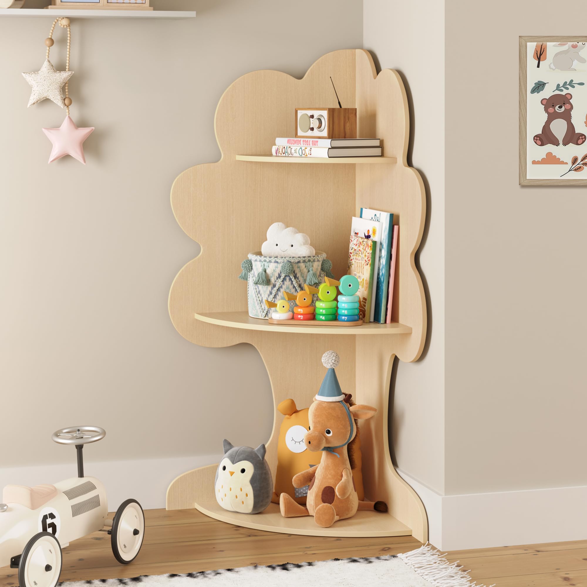 LUE BONA Bücherregal Kinder,Kinderbuchregal Eckbuchregal,Aufbewahrungsregal Baumförmige Kinder,3 Fächer Design,Geeignet für Kleinkinder und Grundschüler,Natur Küche, Haushalt & Wohnen