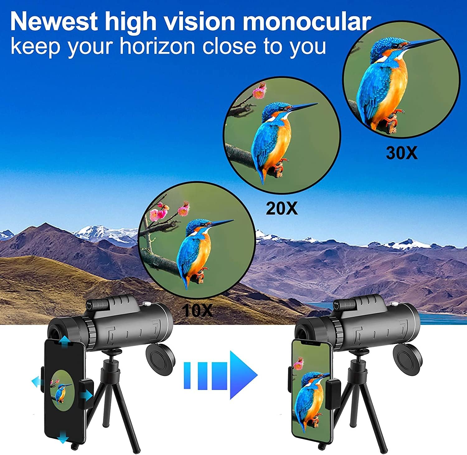 Topmeg Monocular Telescope, 40X60 HD Monocular Telescope Night Vision Waterproof Telescope Monocular for Adults with Smartphone Holder & Tripod for Bird Wildlife Hunting Camping Travelling : Electronics
