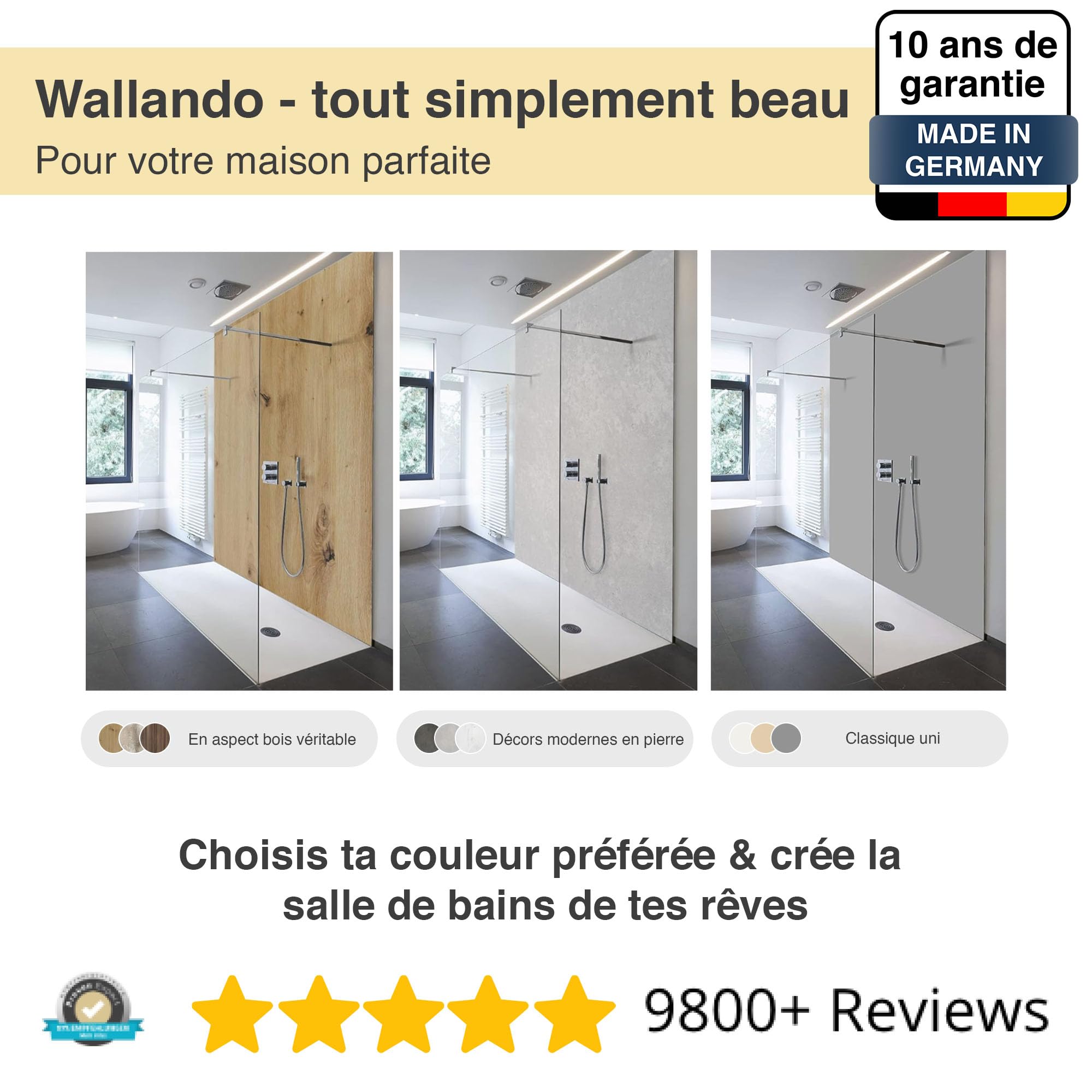 WALLando Panneau mural de douche (Gris clair / 250 x 100 cm) – Panneau en PVC facile à installer & résistant à l'humidité – Revêtement mural premium – Fabriqué en Allemagne