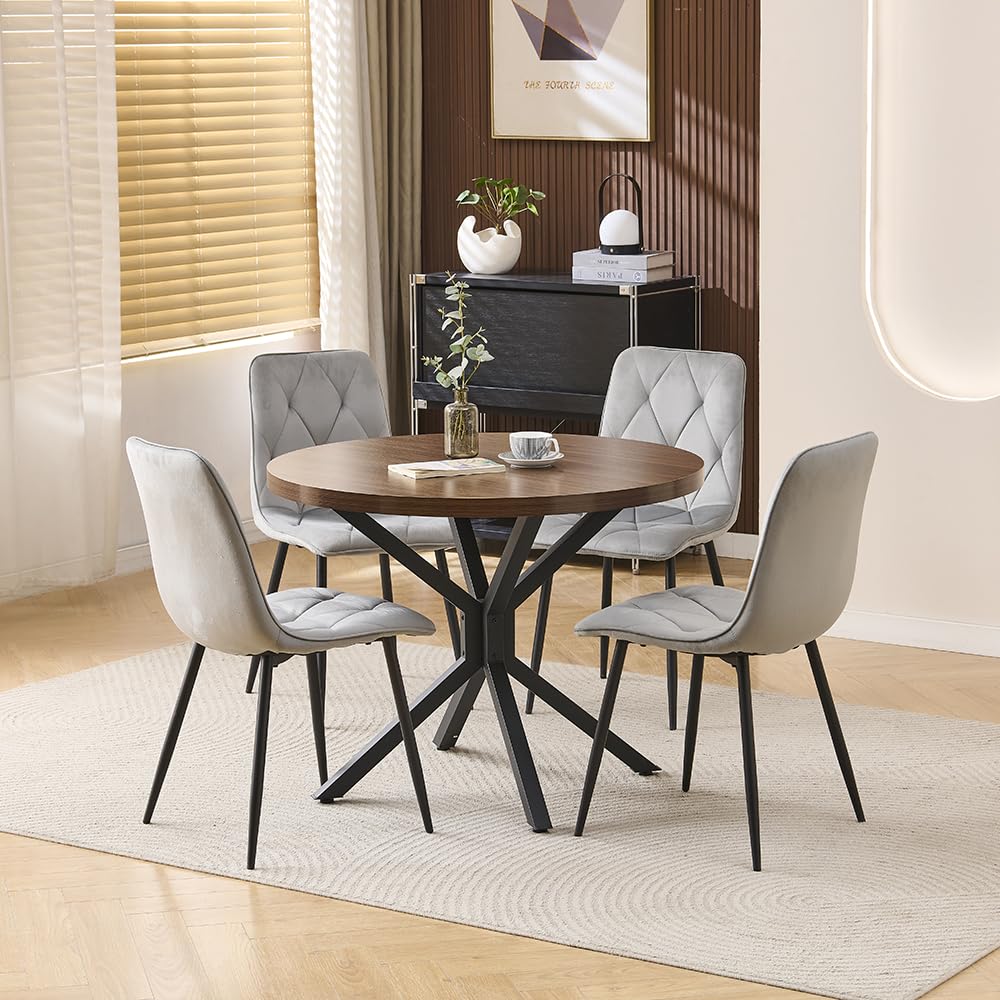 Rainbow Tree Large Round Dining Table and Chairs Set 4, 95cm Wooden Kitchen Table and 4 Diamond Tufted Chairs for Dining Room, Space Saving Dining Table Set