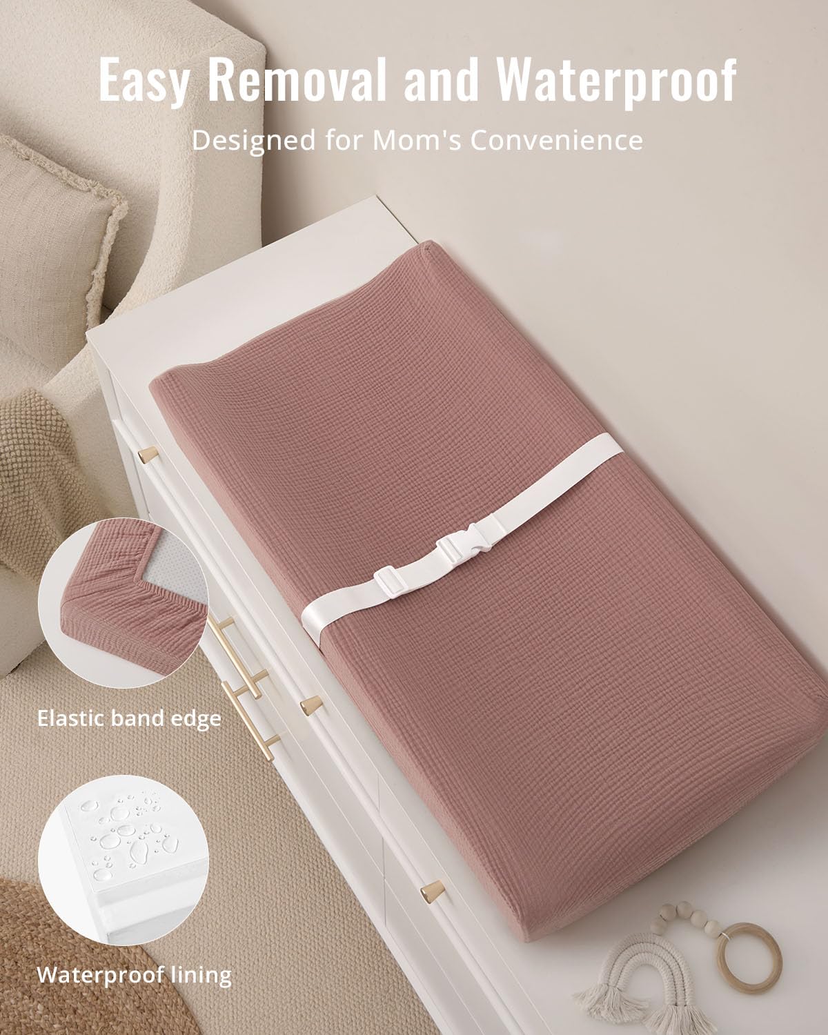 Blissful Diary Matelas à langer en mousseline avec doublure imperméable en mousse, tapis à langer avec housse pour commode (rose poudré, rectangulaire)